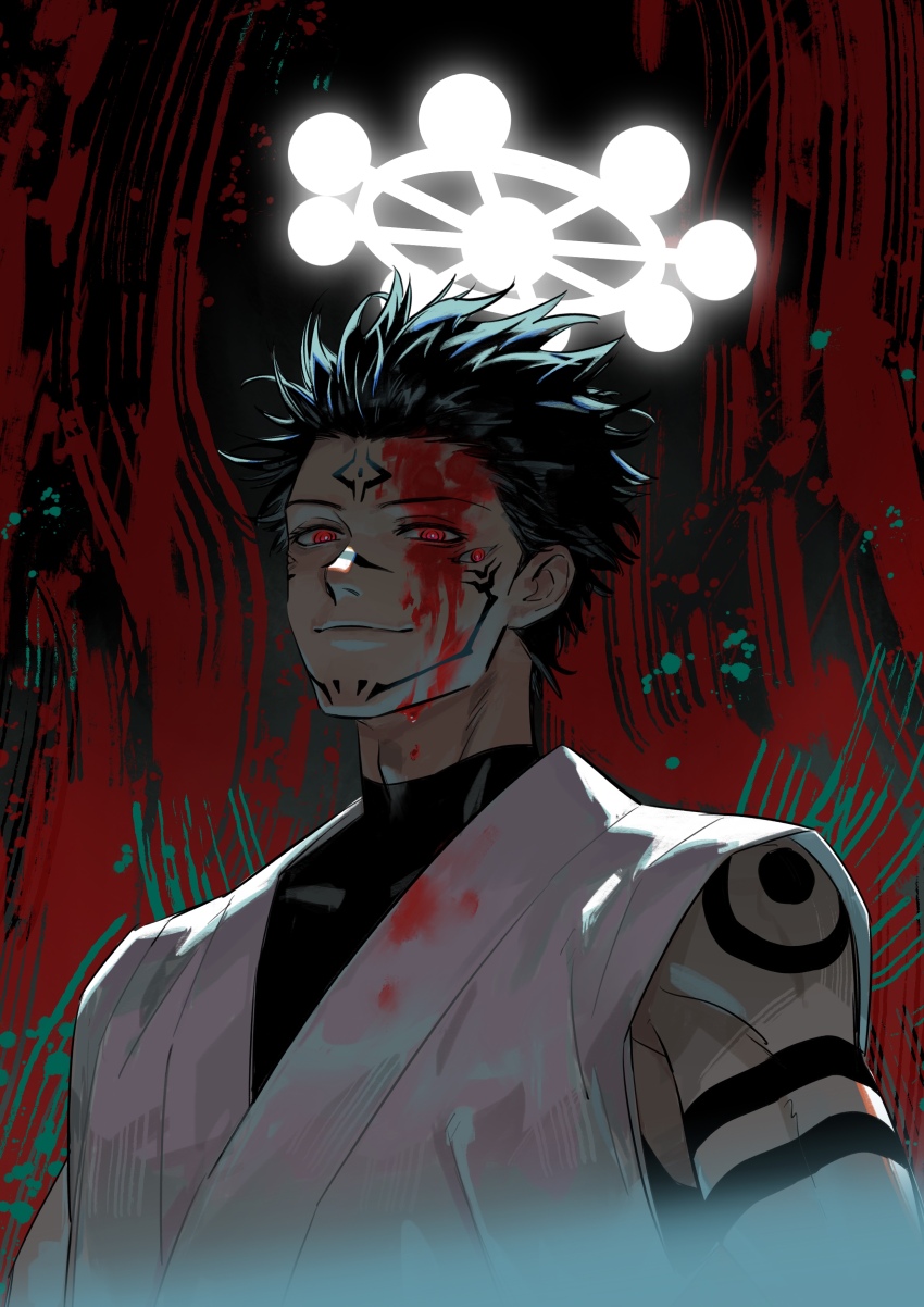 fushiguro megumi, ryoumen sukuna (jujutsu kaisen), jujutsu kaisen, absurdres, highres, 1boy, arm tattoo, black hair, blood, blood on face, extra eyes, facial tattoo, glowing, looking at viewer, red eyes, sleeveless, smile, solo