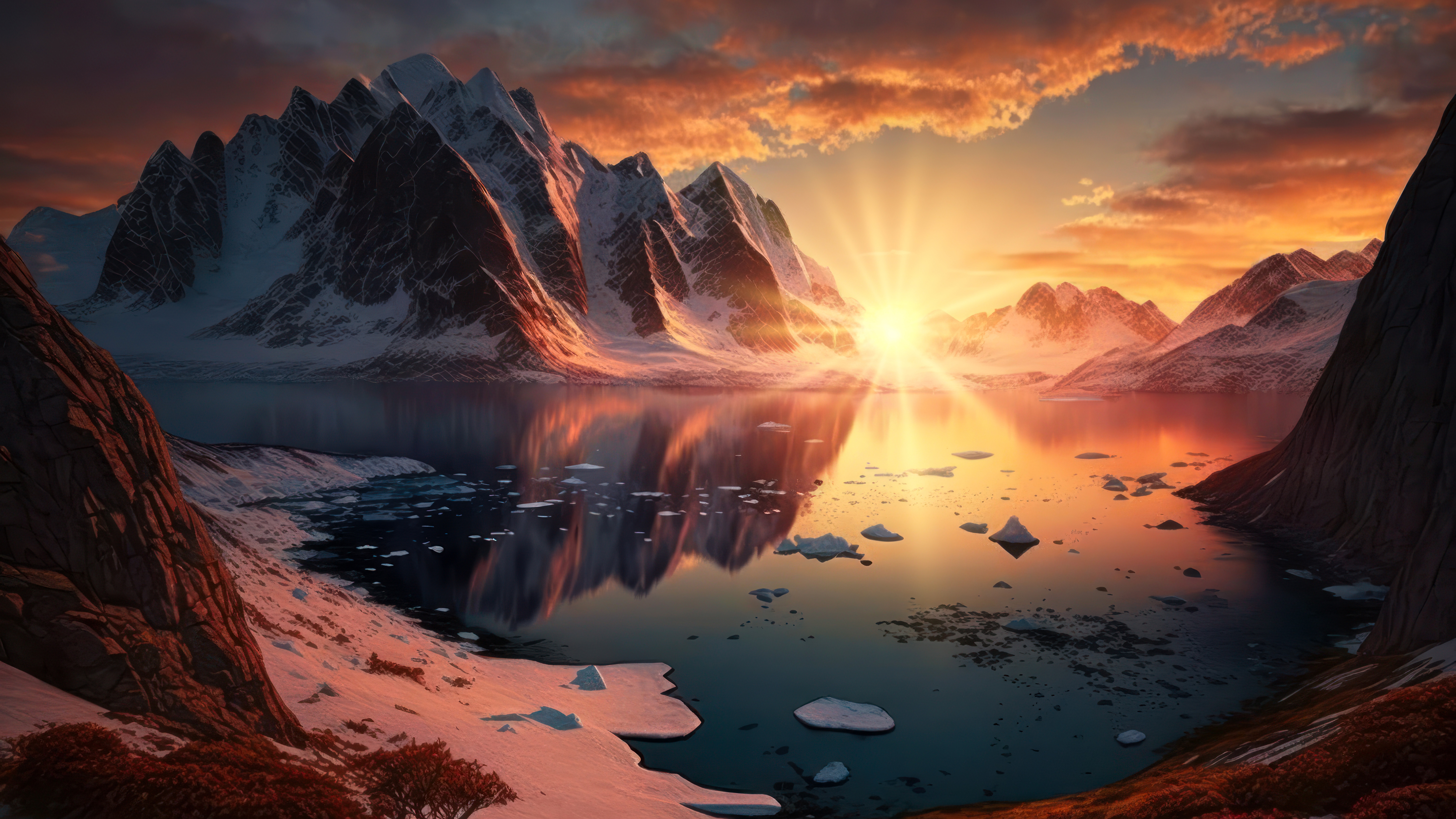 Sunset Wallpaper 4K, Arctic, Mountains, Lake, AI art