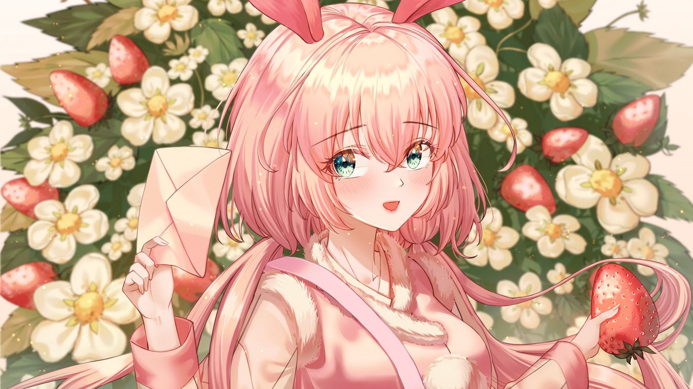 Download wallpaper 1366x768 girl, hare, ears, strawberry, anime, art, pink tablet, laptop HD background