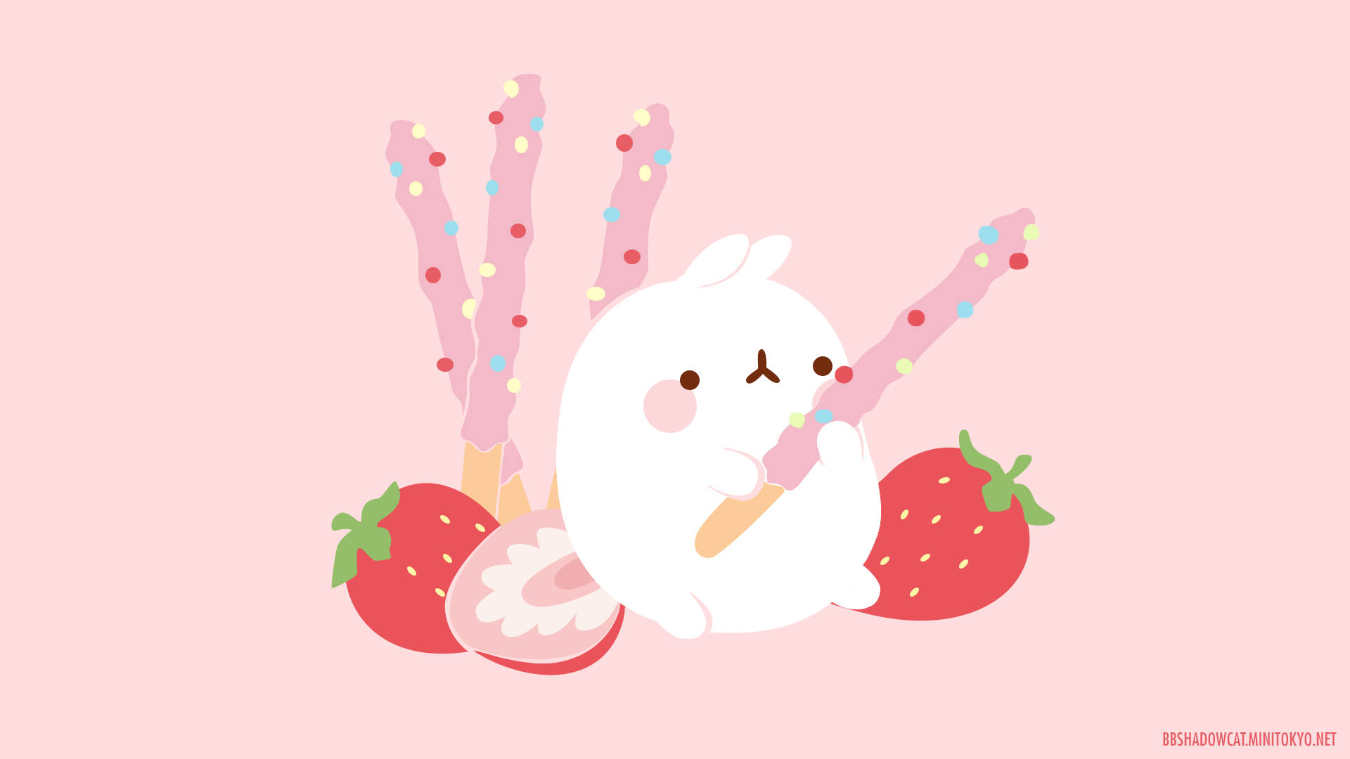 Download Molang Holding Strawberry Pocky Wallpaper