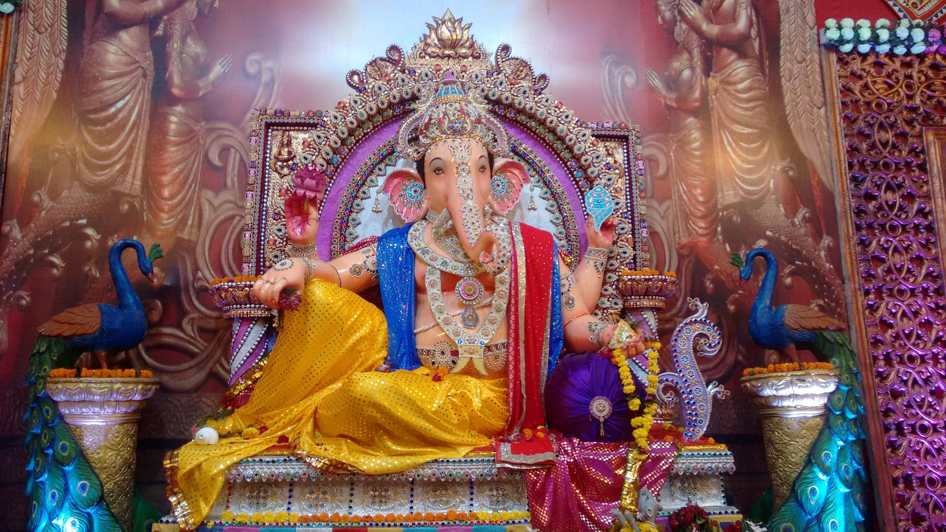 Download Caption: Divine Lord Ganesha On Bejeweled Throne Desktop Wallpaper