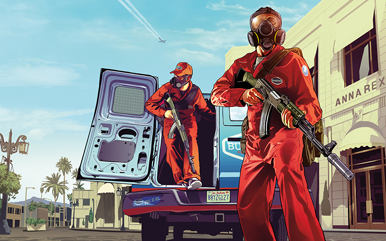 Desktop Wallpaper GTA 5 Gas mask Assault rifle 2 Games Uniform