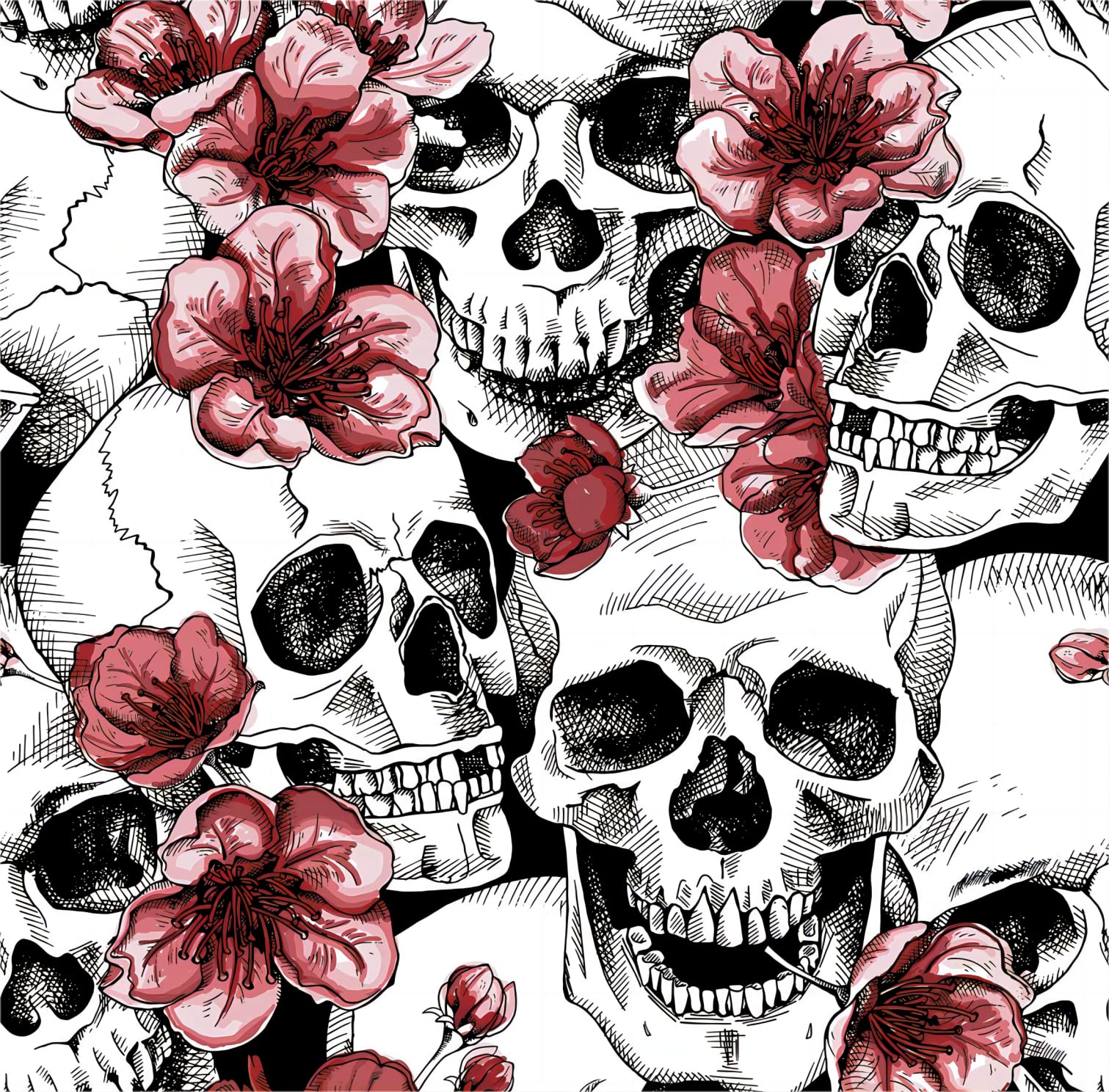 TX Arts Skull Flower Wallpaper Peel And Stick Wallpaper Self Adhesive Wall Paper For Home Skull Removable Wallpaper Red White For Kitchen Furniture Nursery On Background Decorative 17.3 X 118