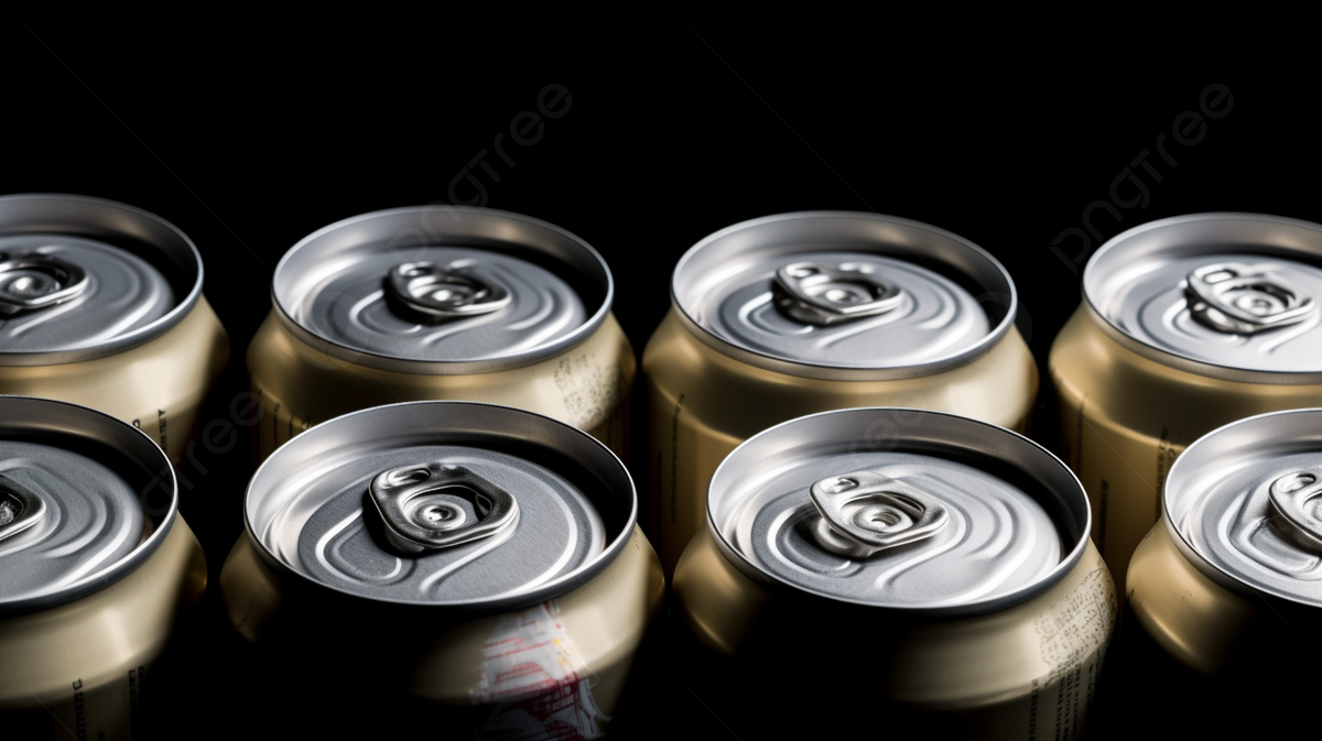 Seven Empty Beer Cans With Four Labels On Them Against Black Background, Empty Cans, Cans, Drinks Background Image And Wallpaper for Free Download