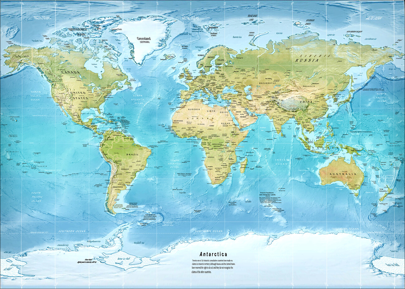 Physical World map miller projection Poster Wall Mural. Buy online at Abposters.com