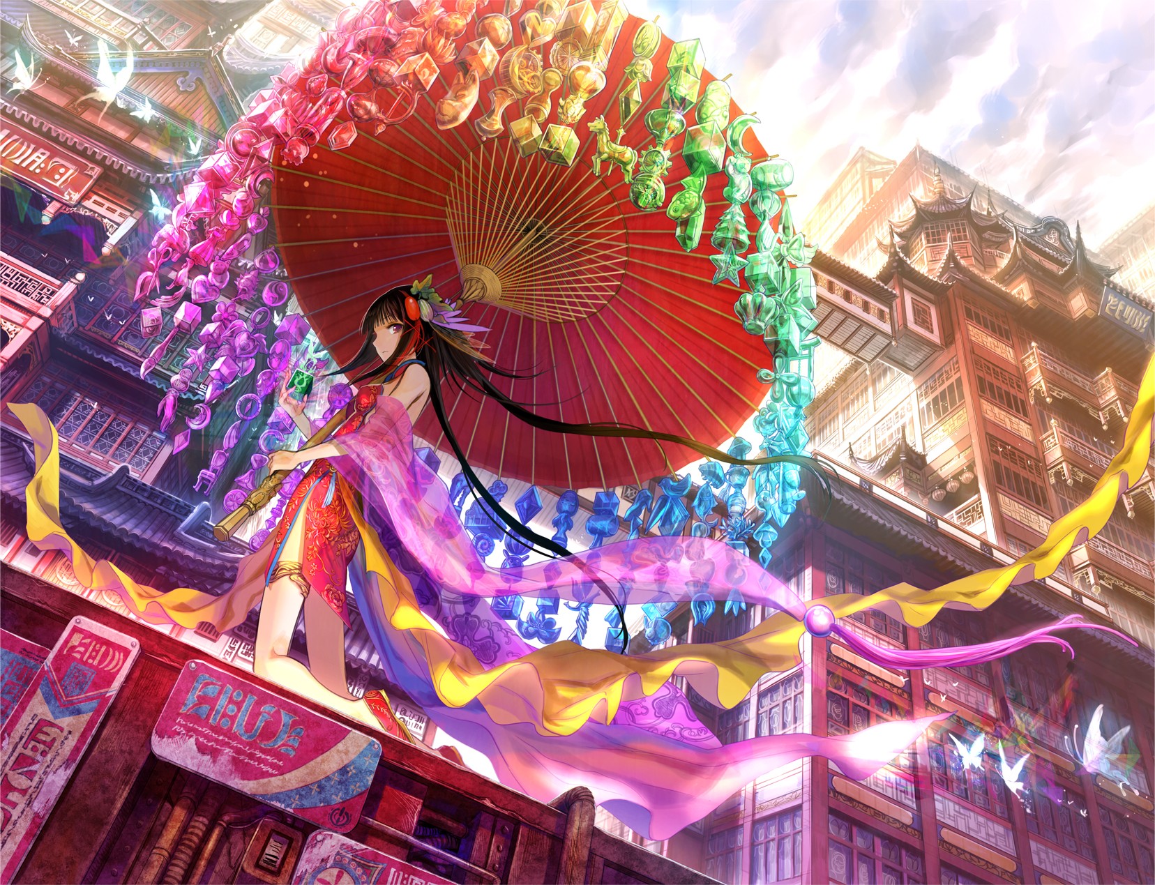 China, traditional clothing, original characters, butterfly, city, anime (1656x1269px) on Wallls.com