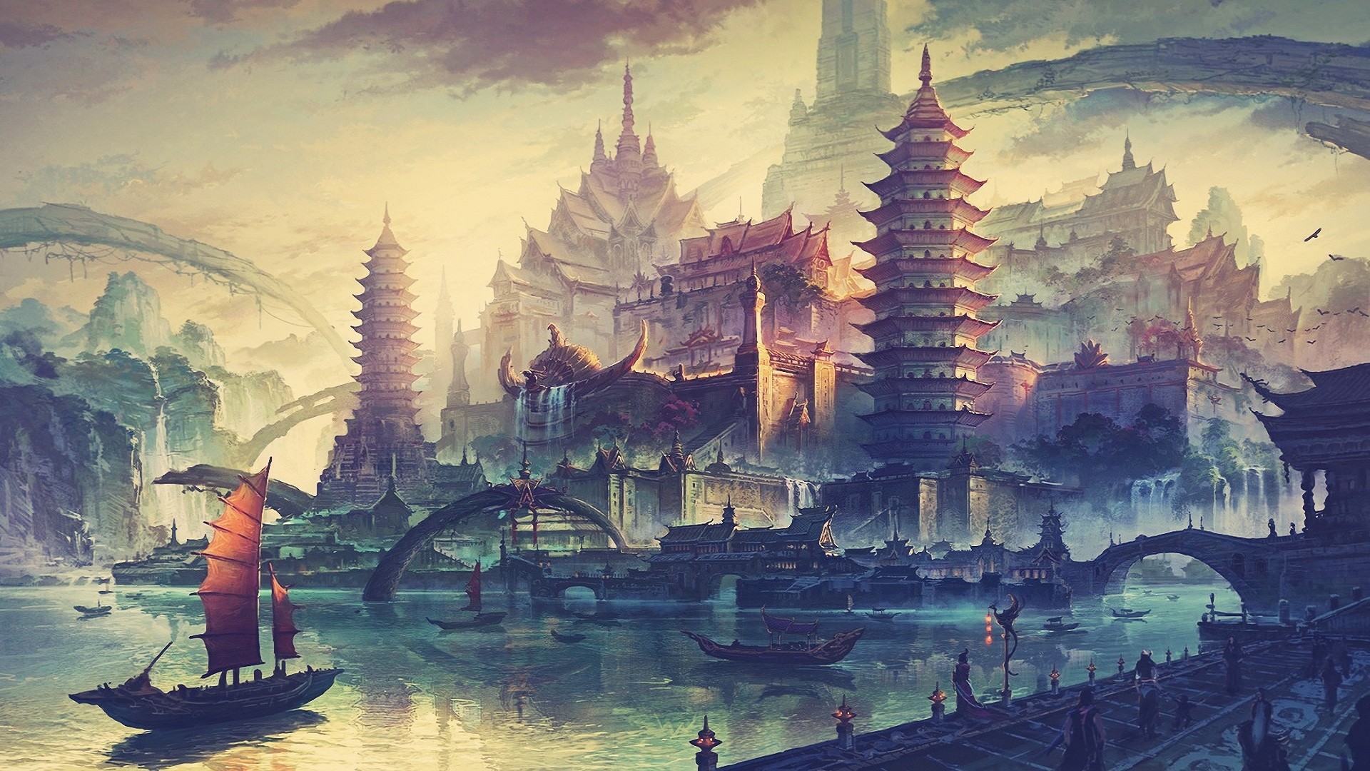 Asian architecture, fantasy art, ship, traditional art, Chinese, China (1920x1080px) on Wallls.com