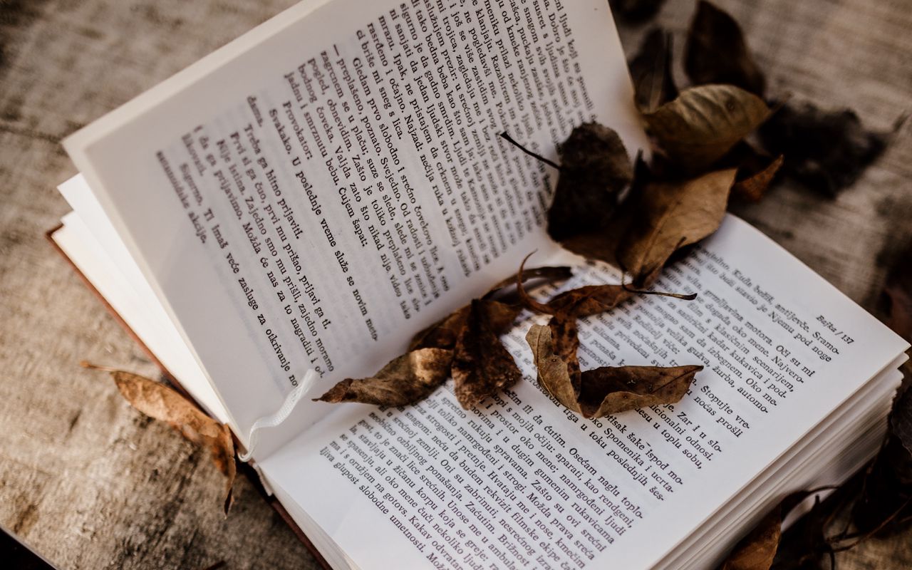 Download wallpaper 1280x800 book, laptop, leaves, dry, autumn, aesthetics widescreen 16:10 HD background