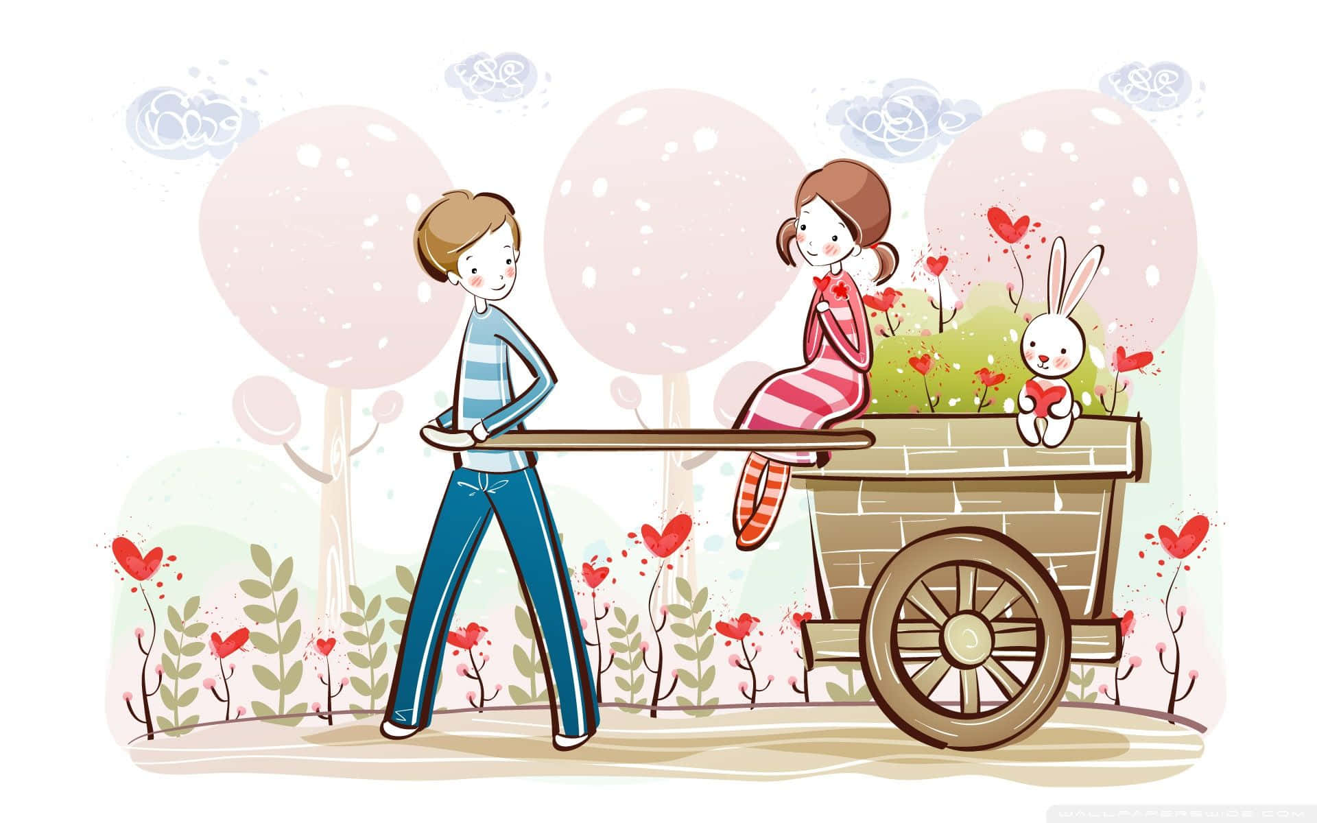 Download A Cartoon Of A Couple Pulling A Cart With Flowers Wallpaper