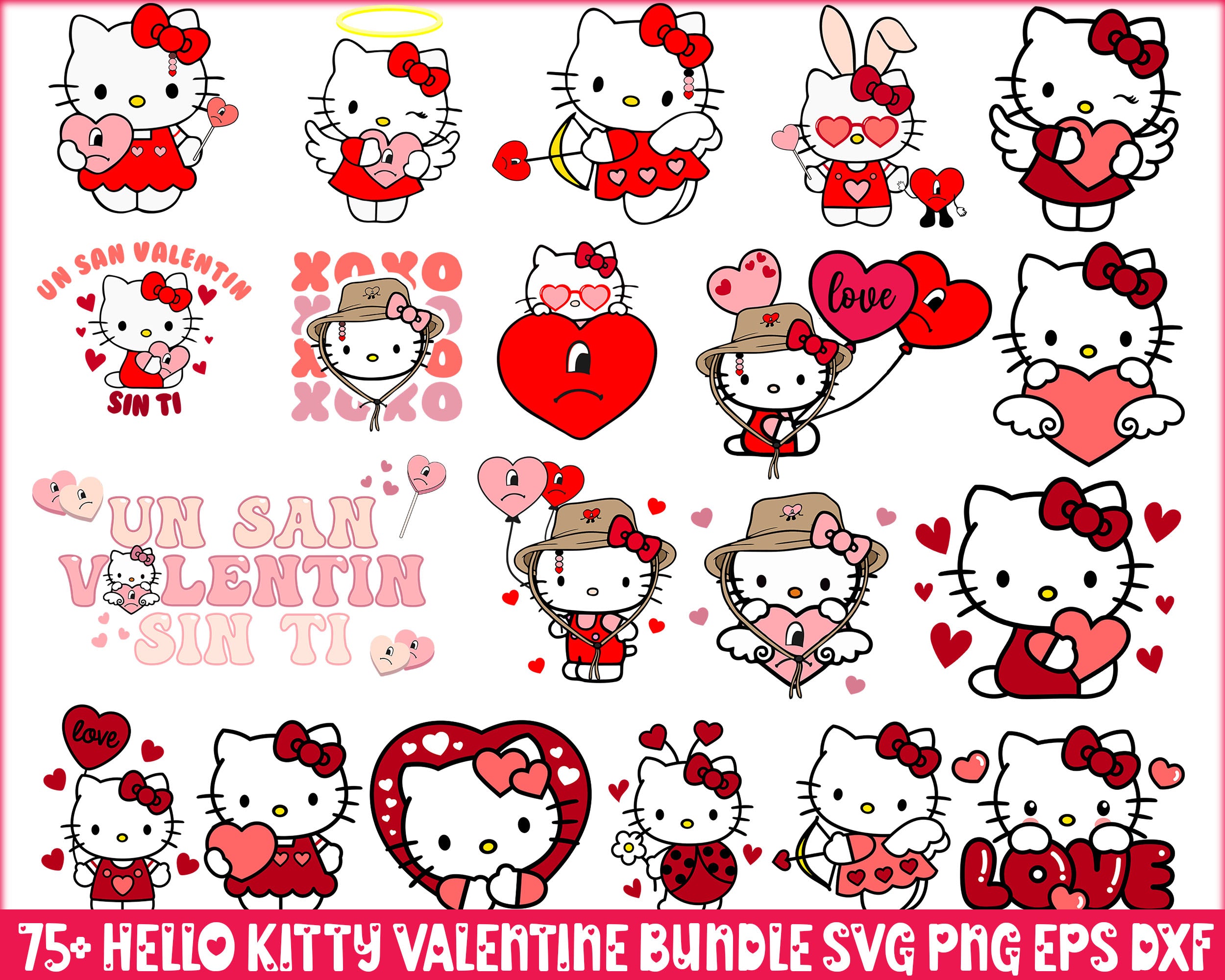 Updated Valentine Hello Kitty Bundle, Valentine kawaii kitty SVG p