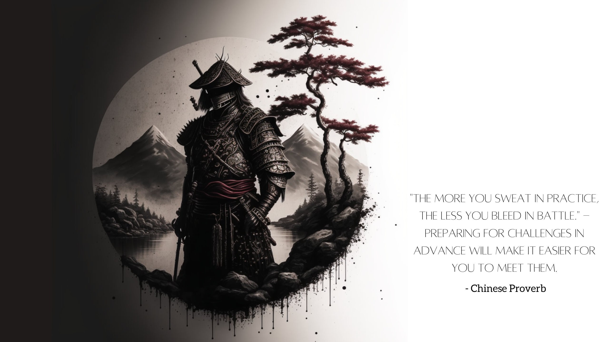 HD Desktop Wallpaper Black and White Samurai in Dark Red With Chinese Proverb