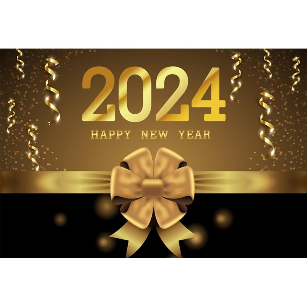 Amazon.com, 2024 Happy New Year Backdrop 20x10ft Bow Tie Gift Gold Hanging Swirl Photography Background New Years Eve Party Family Celebration Countdown Banner Decorations Portraits Photohoot Wallpaper Props
