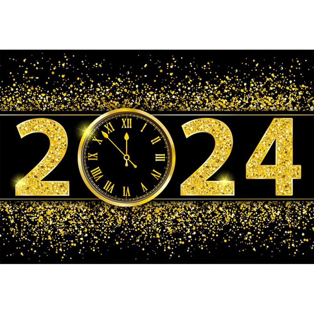Amazon.com, DORCEV 7x5ft 2024 Happy New Year Photo Photography Backdrop Luxury Gold Glitter Sequins Countdown to New Year Backdrop Background Black Gold Banner Wallpaper Kids Adults Family Party Portrait Props