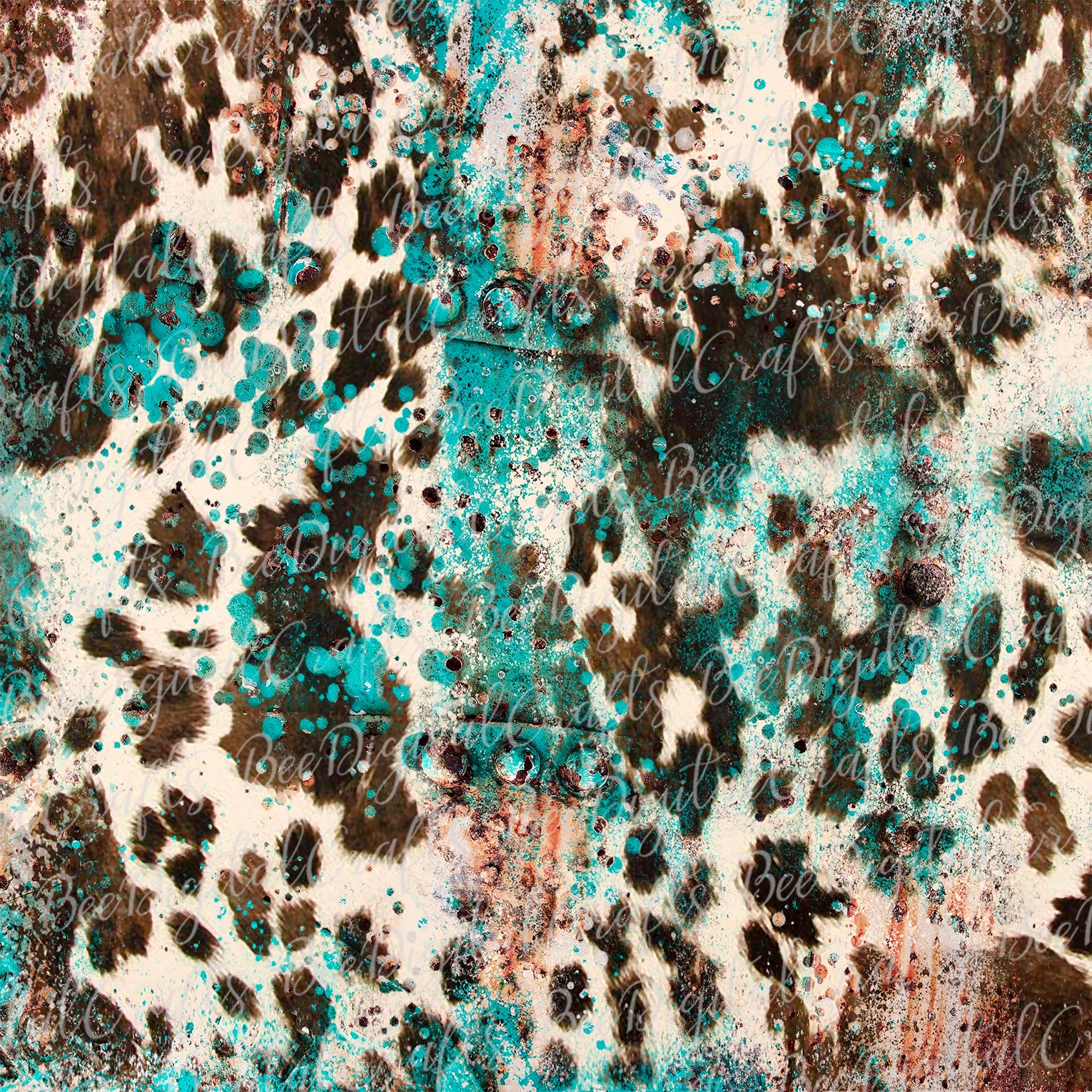 Cowhide Background Sublimation Design Western PNG File for Sublimation Cow Skin and Turquoise Print Download