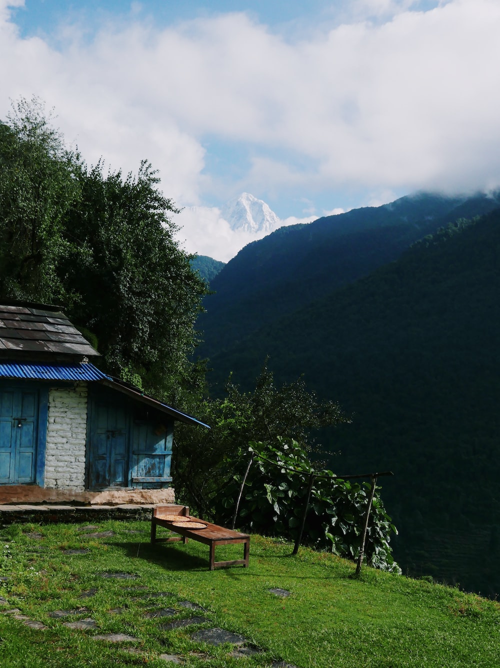 A bench sits in front of a small house photo