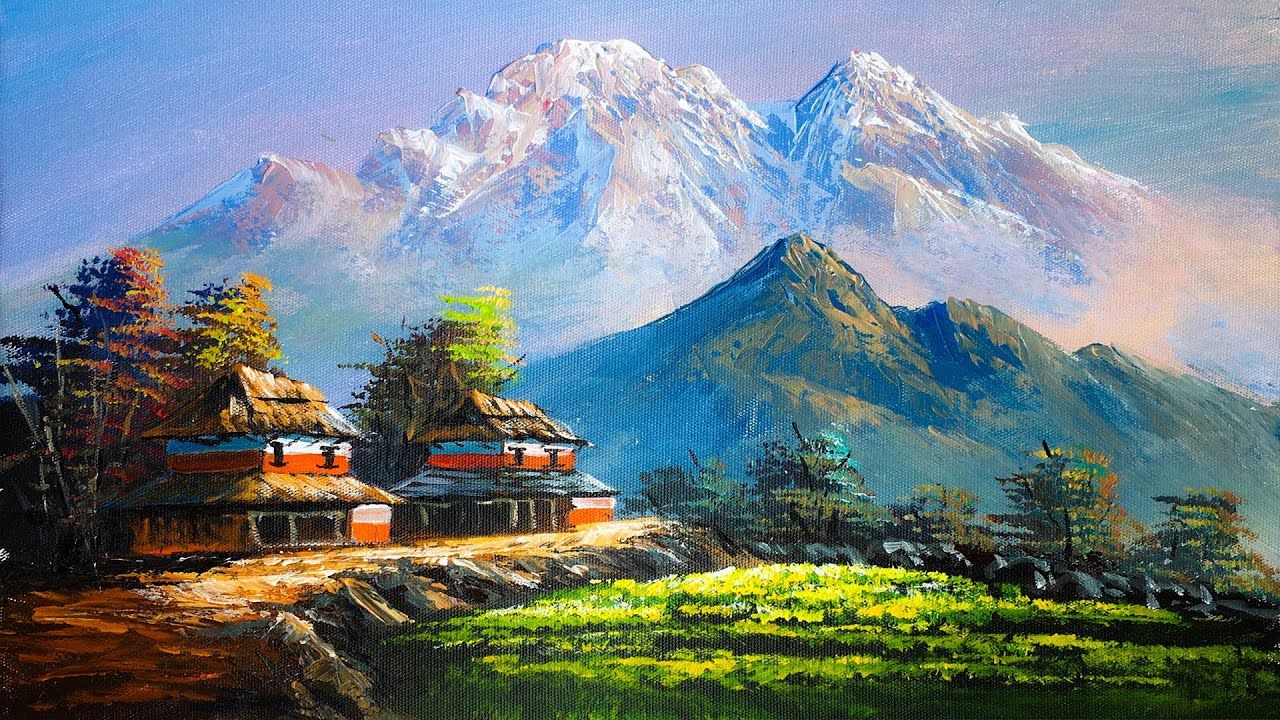 Nepali Painting. Beautiful Nepali Village Landscape Painting. Scenery. Landscape paintings, Landscape art painting, Mountain painting acrylic
