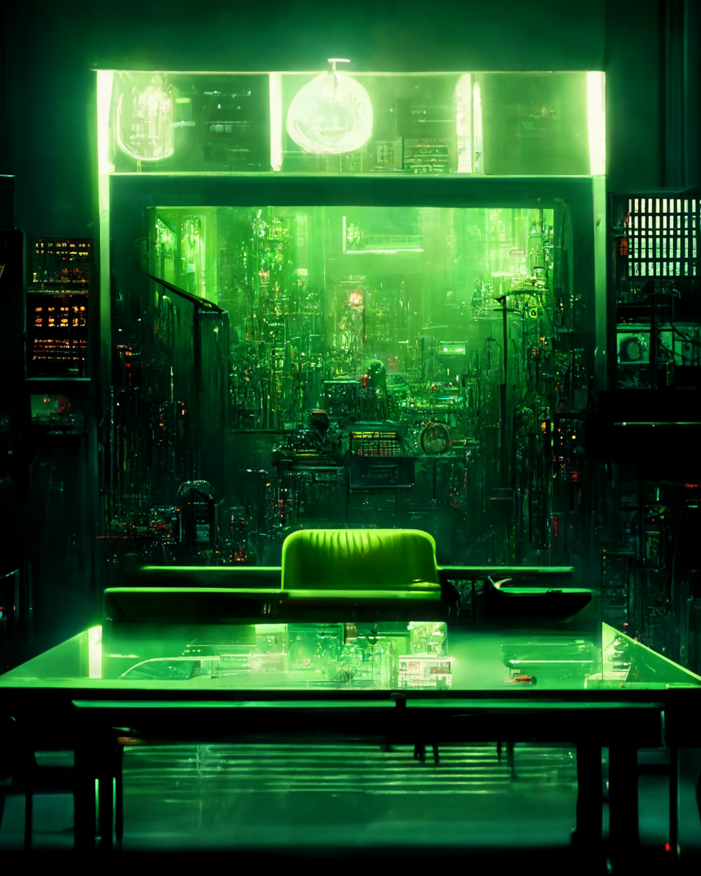 prompthunt: detailed cyberpunk objects on the table, matrix movie, bright green lighting, close up
