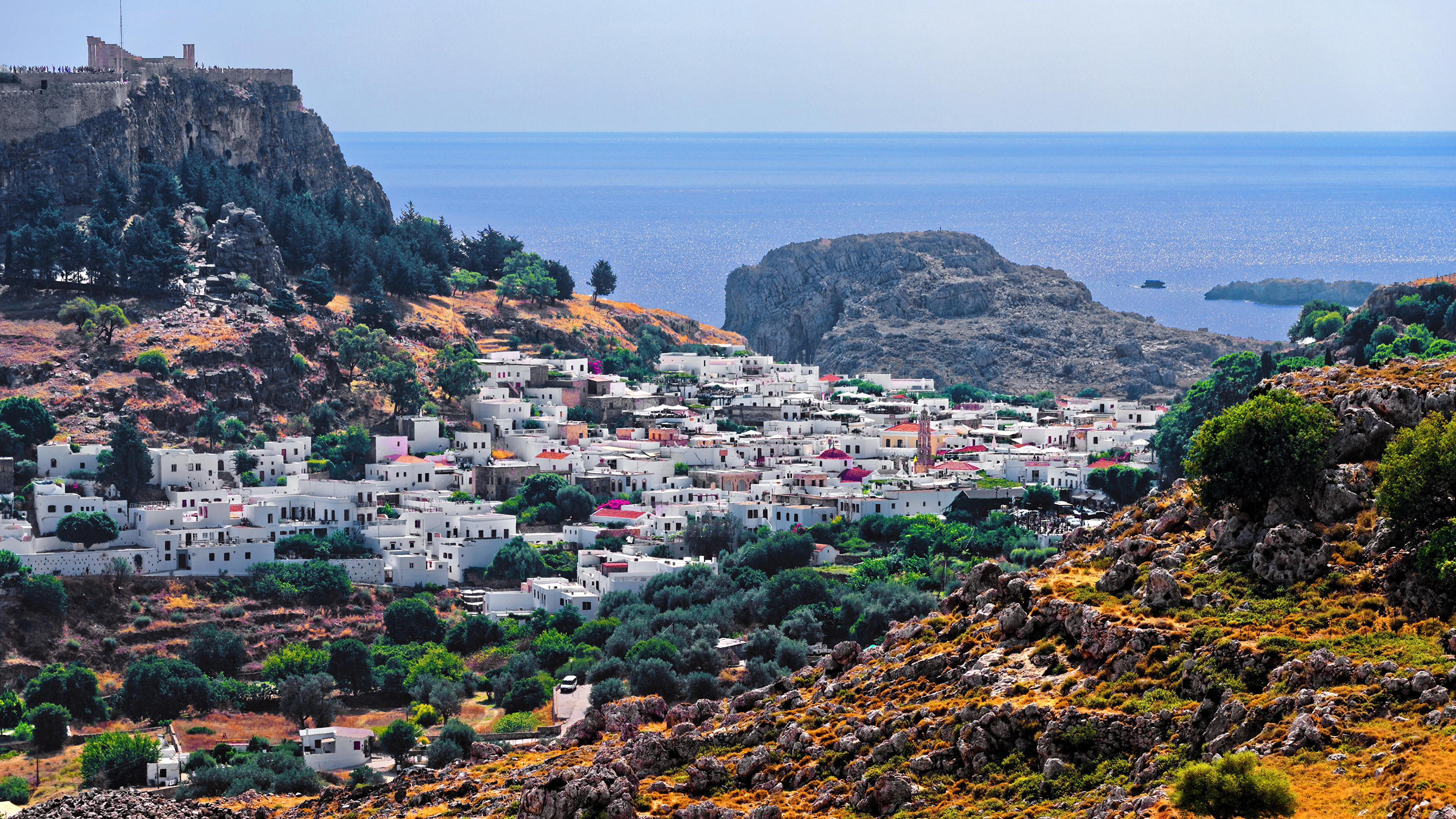 Desktop Wallpaper Greece Lindos Rhodes Cliff stone Houses 3840x2160