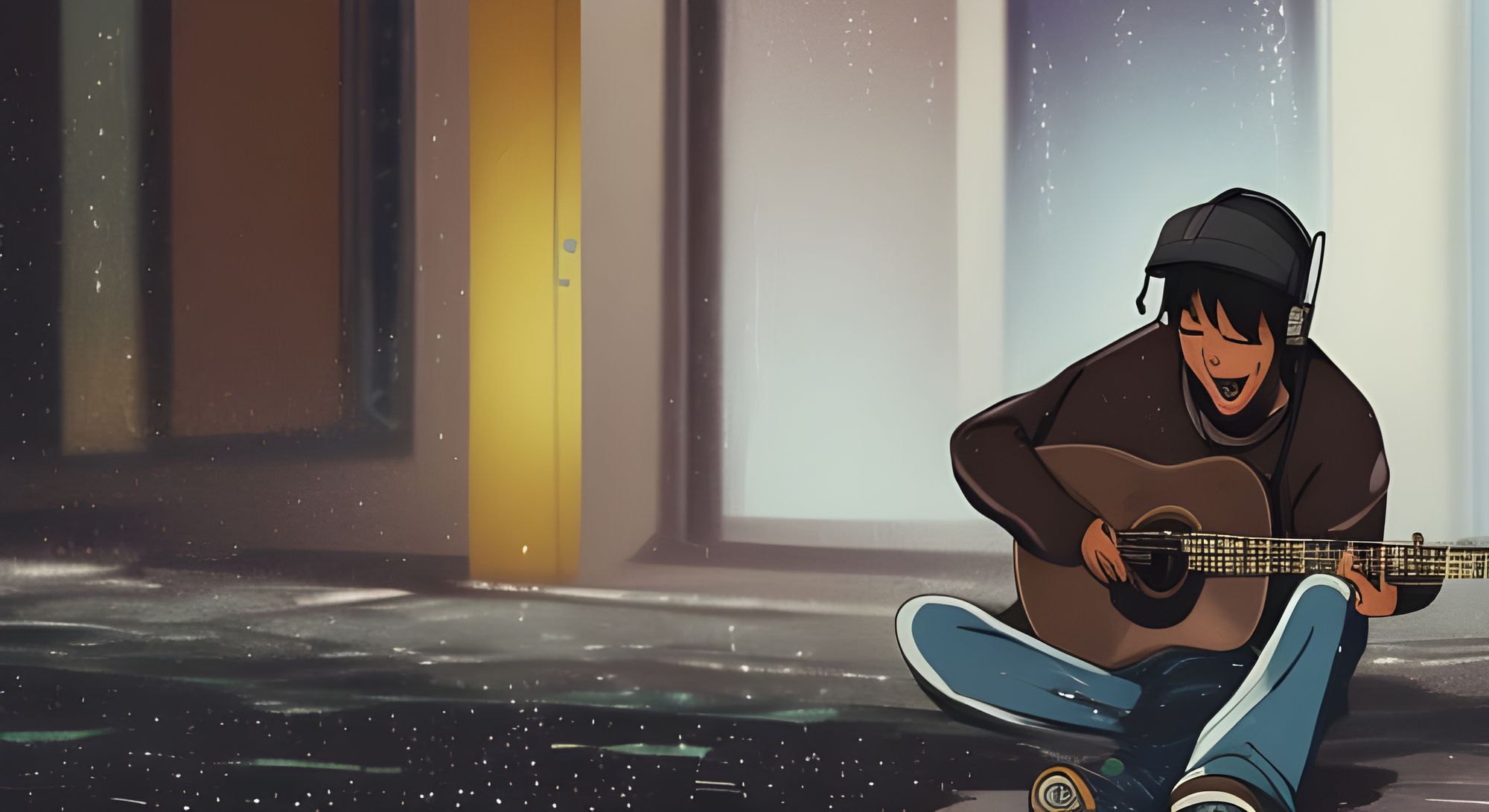 Anime Guitarist Musician in Headphones on Tokyo Street Drizzling Rain