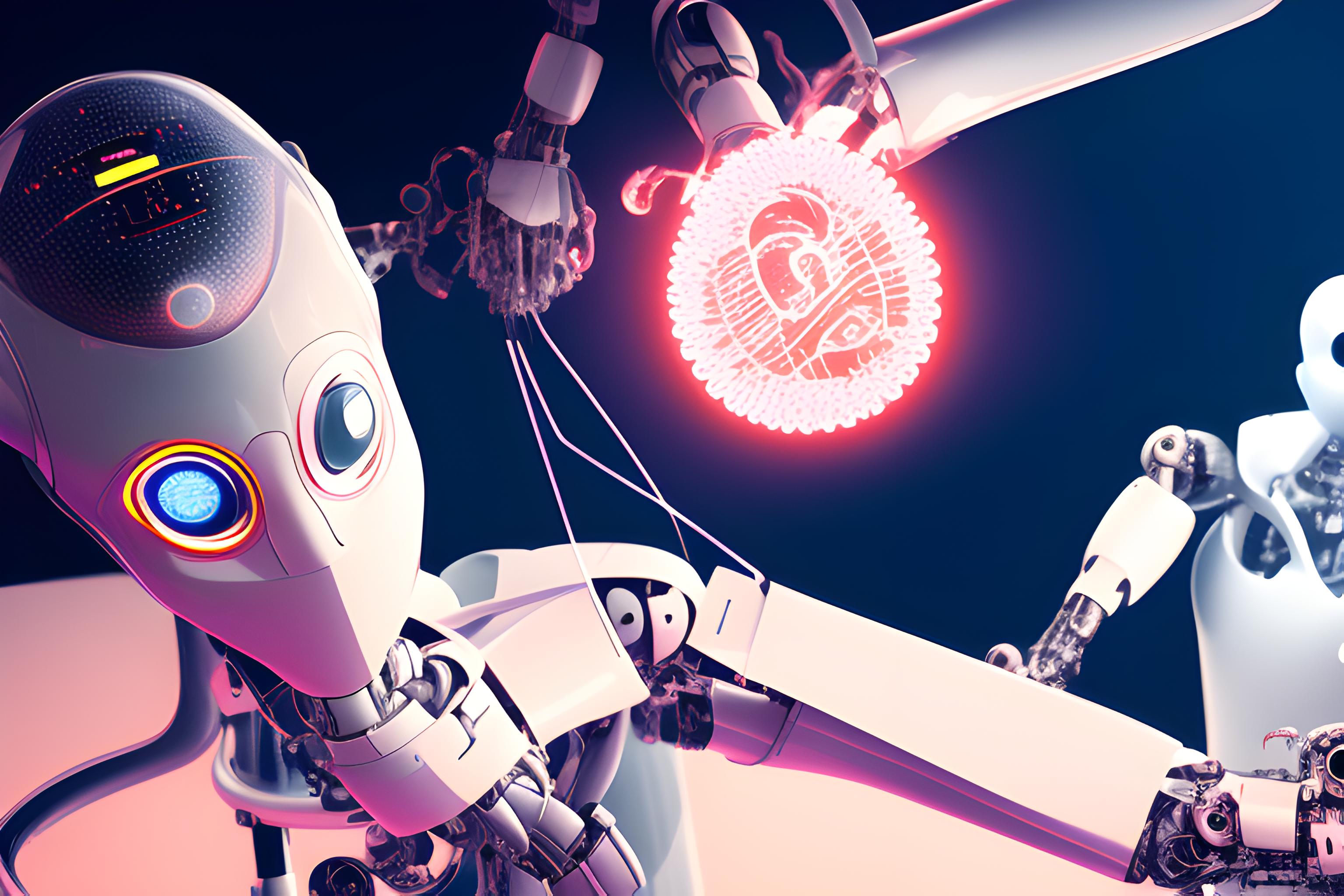 A robot performing surgery on a humans heart with some binary in background