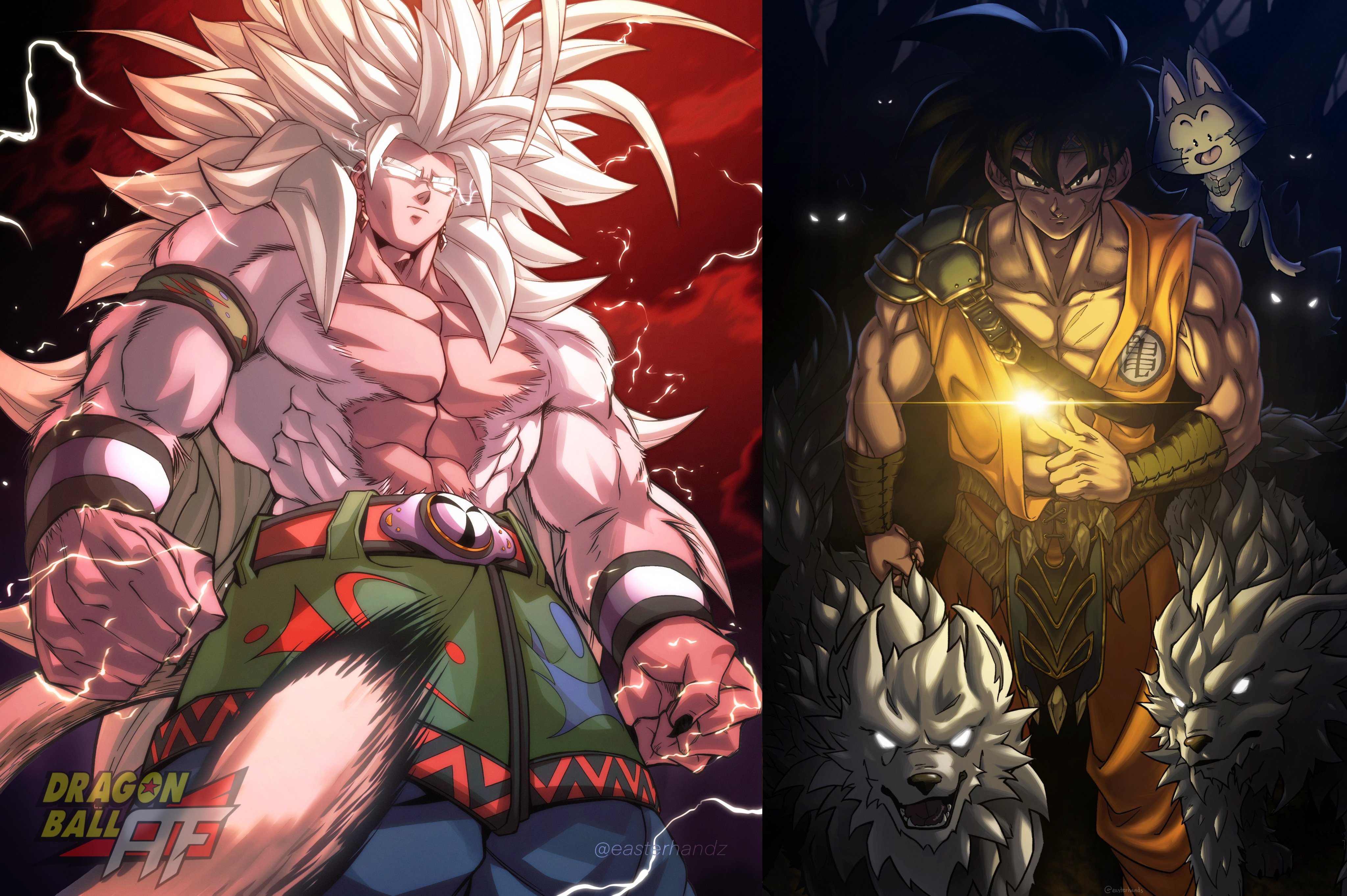 anime men, long hair, Dragon Ball, Dragon Ball Z, Dragon Ball AF, Son Goku, Yamcha, Super Saiyan glowing eyes, tail, lightningx2725 Wallpaper