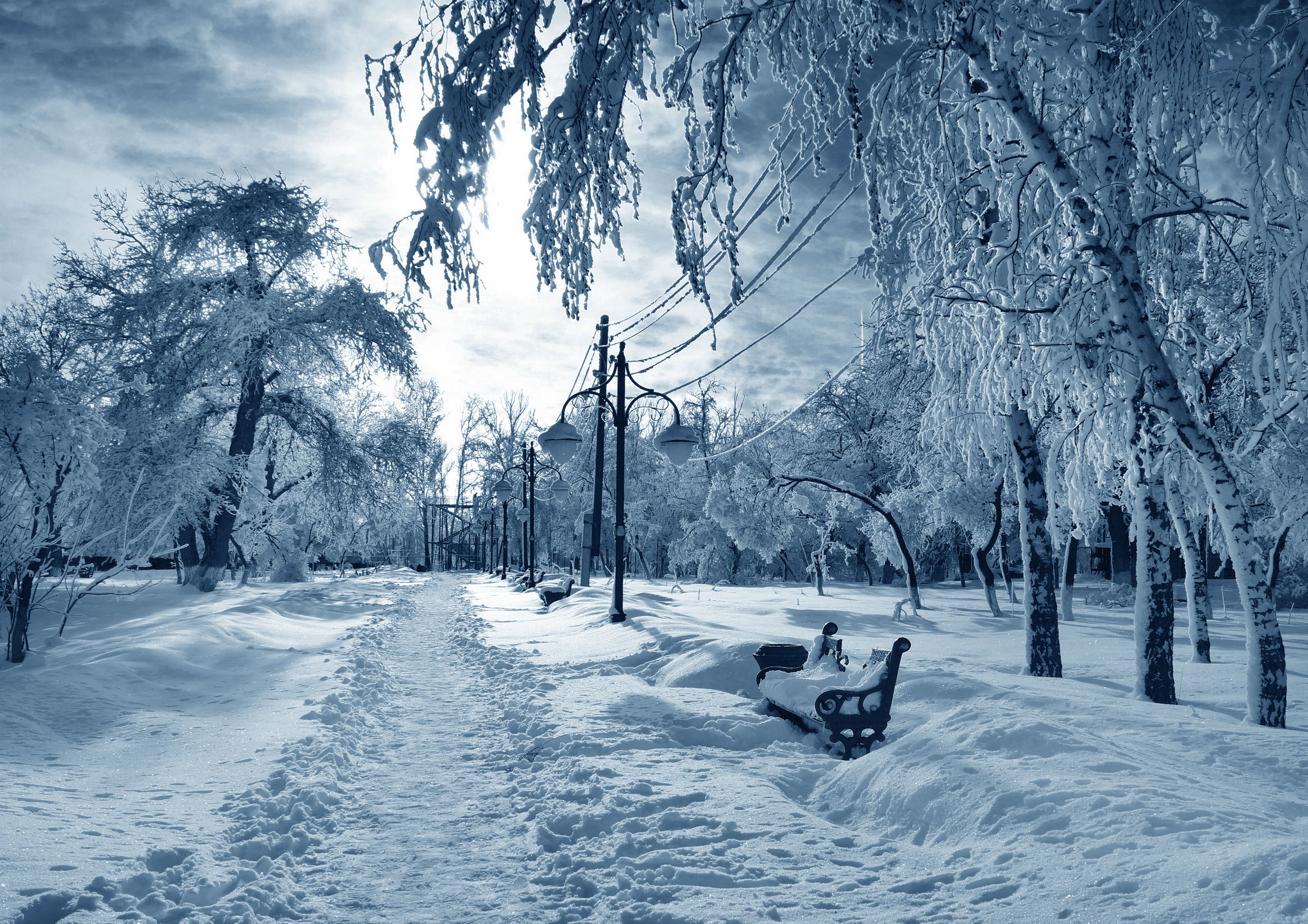 Winter snow park bench wallpaperx2826