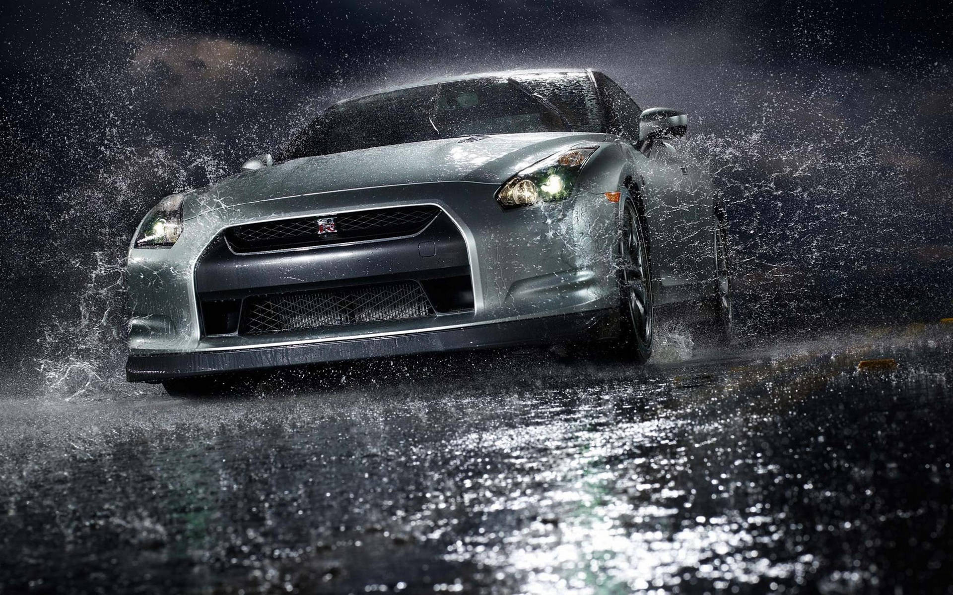 Download Silver Nissan GTR Car Soaked In The Rain Wallpaper