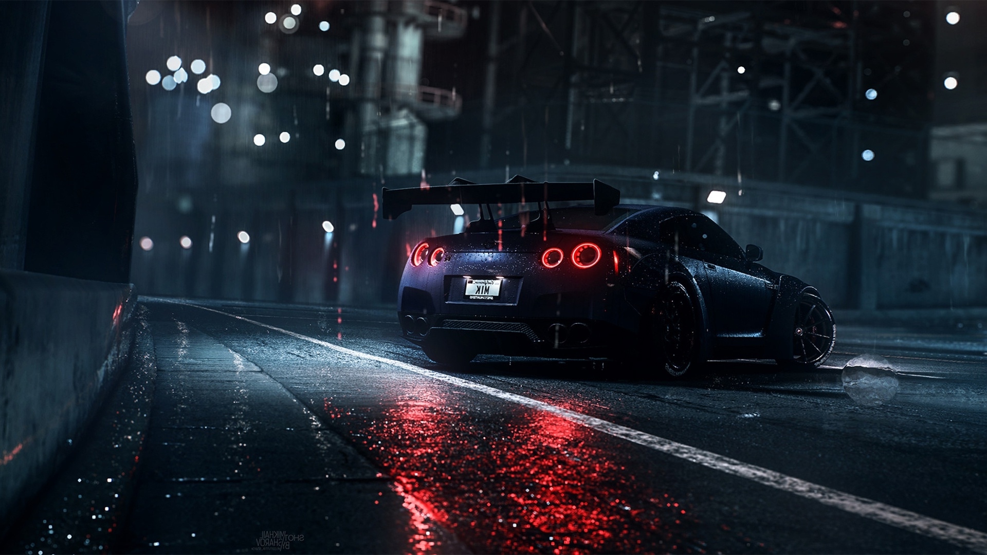 Wallpaper Nissan Gt R, Raining, Bokeh, Lights, Reflection, Night, Street:1920x1080