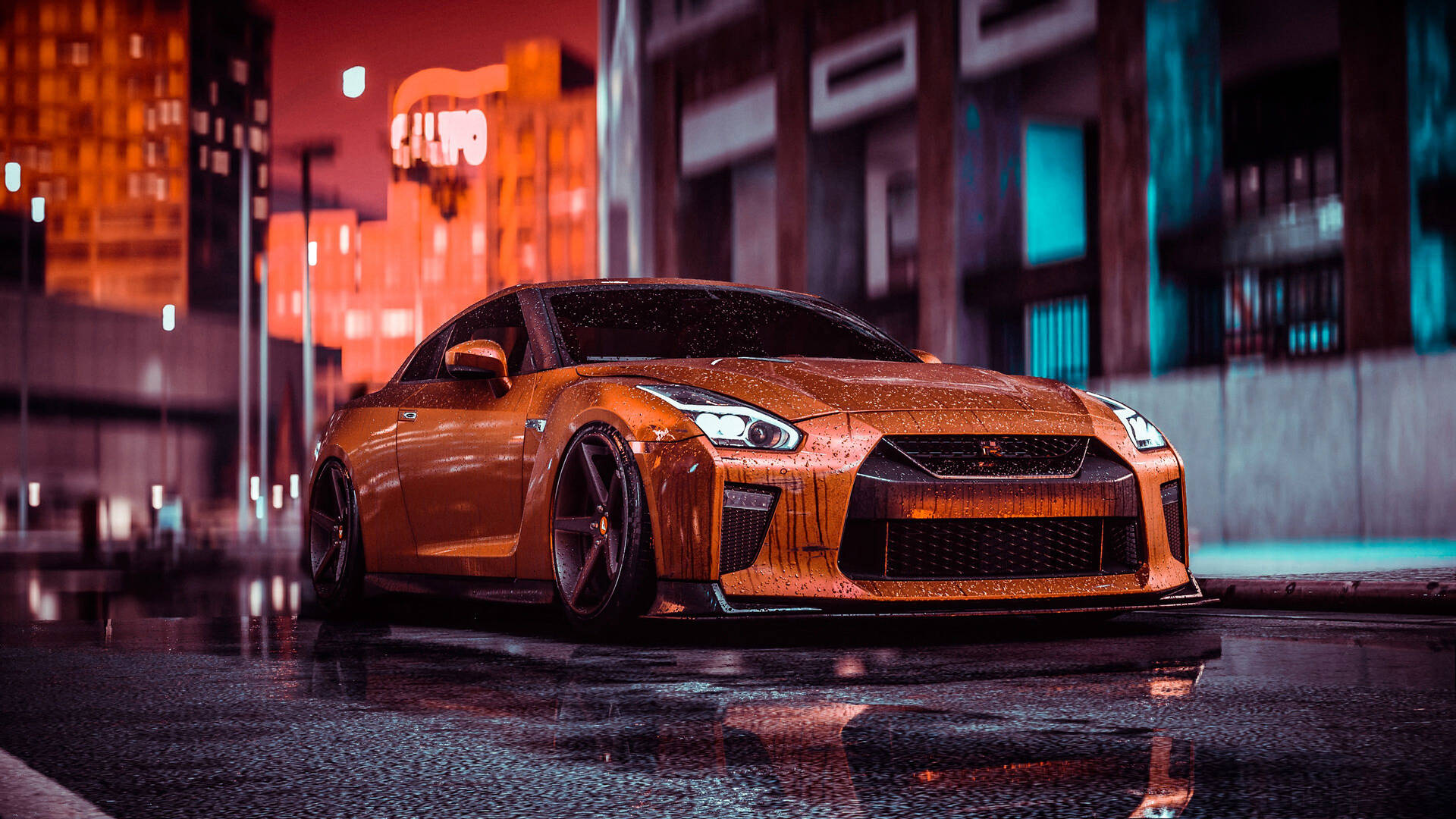 Download Rained On Orange Nissan GT R 4K Wallpaper