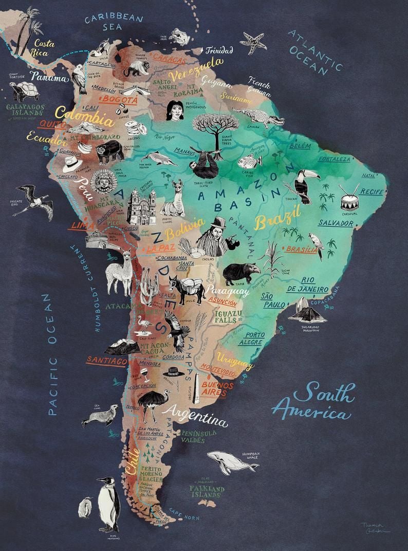 South America Map Art Print Illustrated Map of Latin. Kaart illustraties, Zuid amerika, Reis illustratie