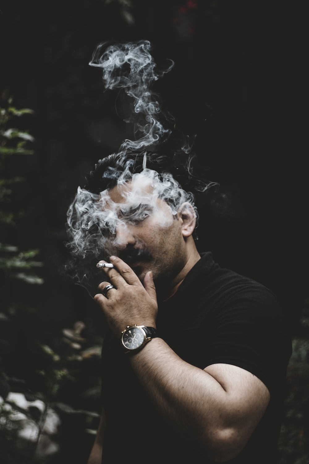 Man smoking beside green leafed plants photo