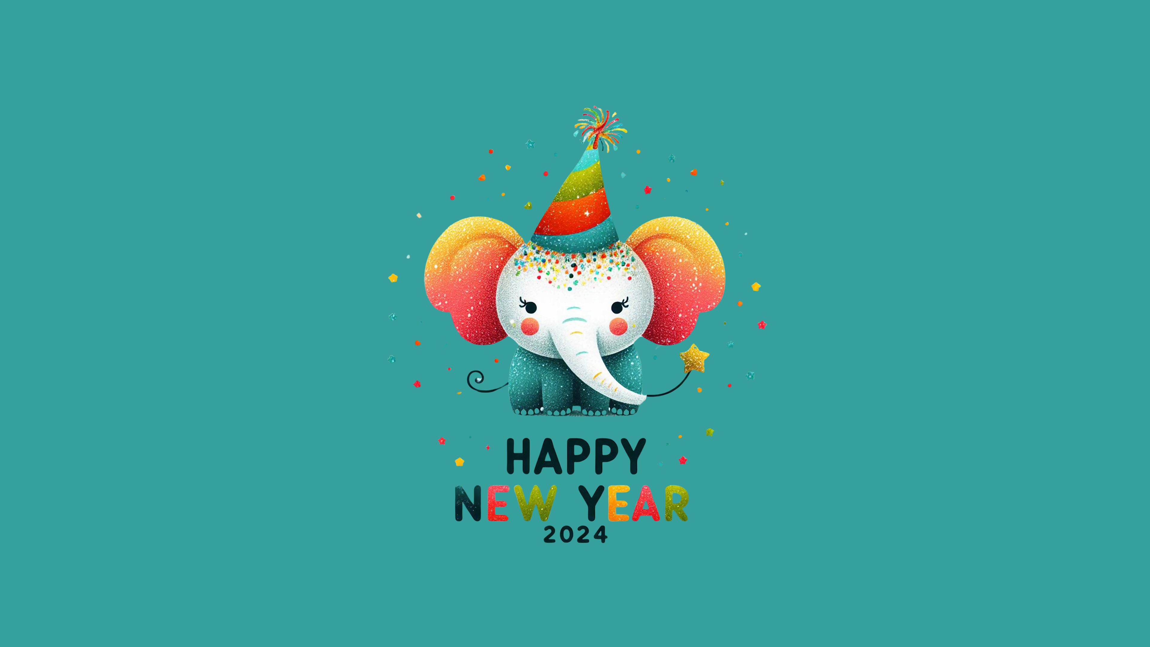 Happy New Year 2024 Wallpaper 4K, 8K, Elephant cub, Cute art