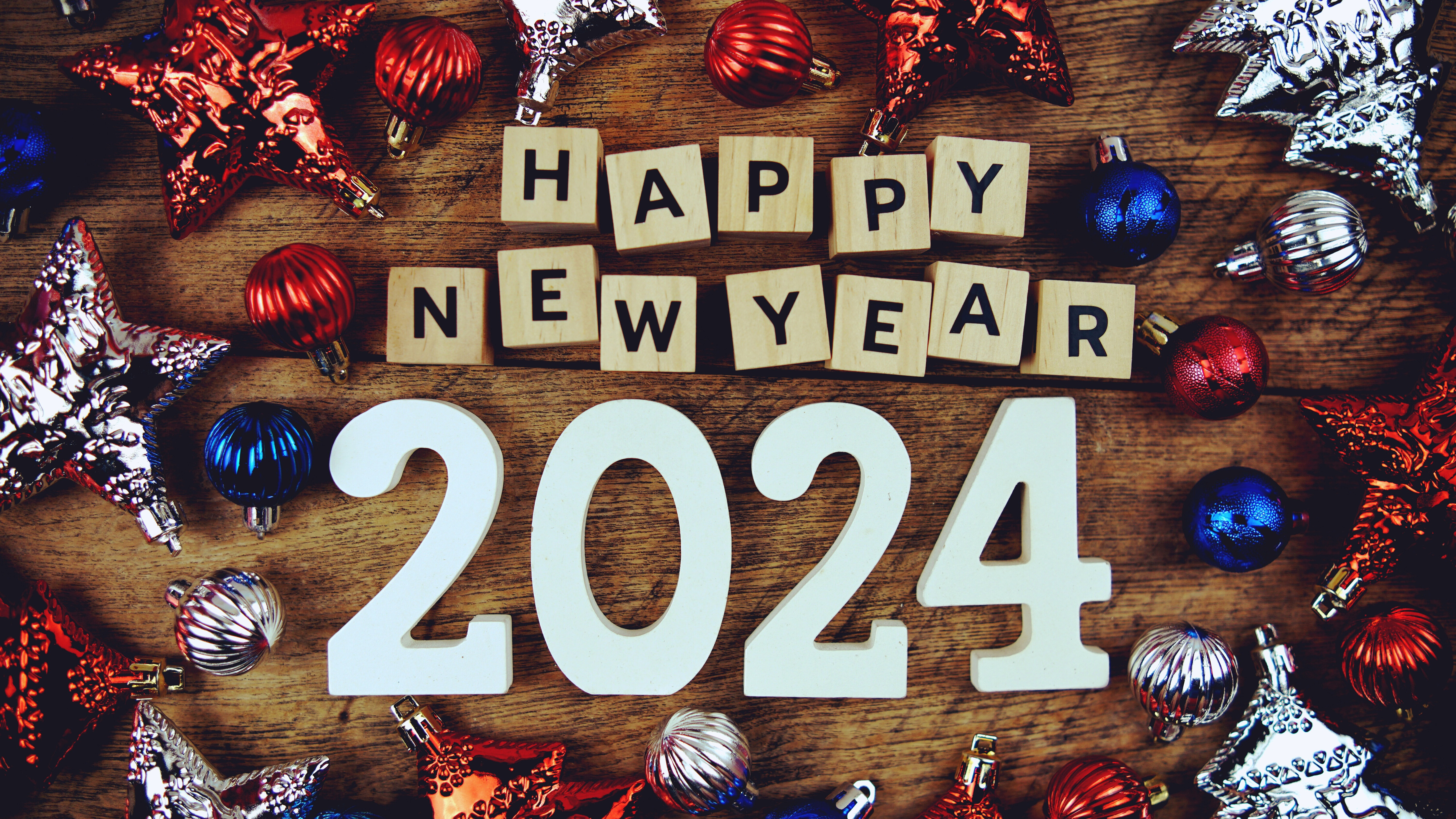 Happy New Year 2024 Wallpaper 4K, 5K, Christmas decoration