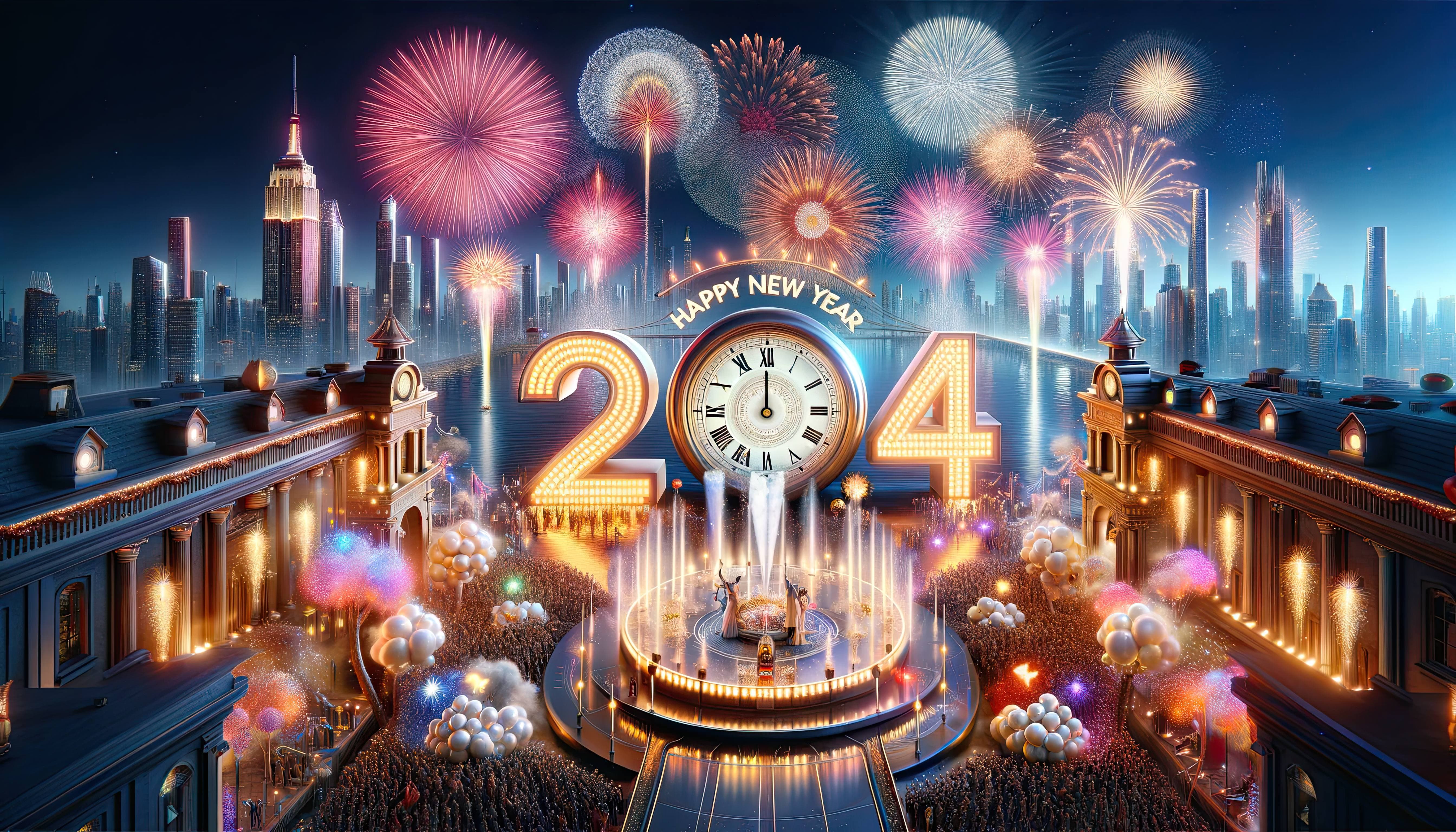 An illustration of a festive New Year's Eve celebration with the year 2024 prominently featured in the foreground