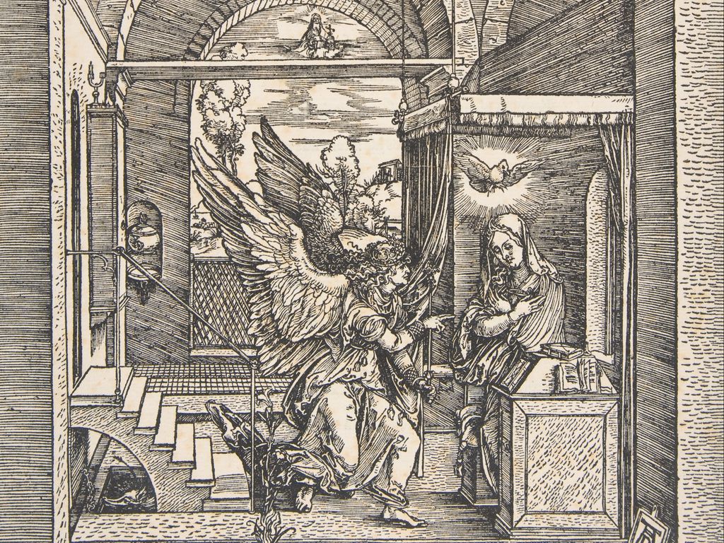 Download wallpaper 1024x768 albrecht durer, the annunciation, from the life of the virgin, virgin mary, angels, archangels, engraving standard 4:3 HD background