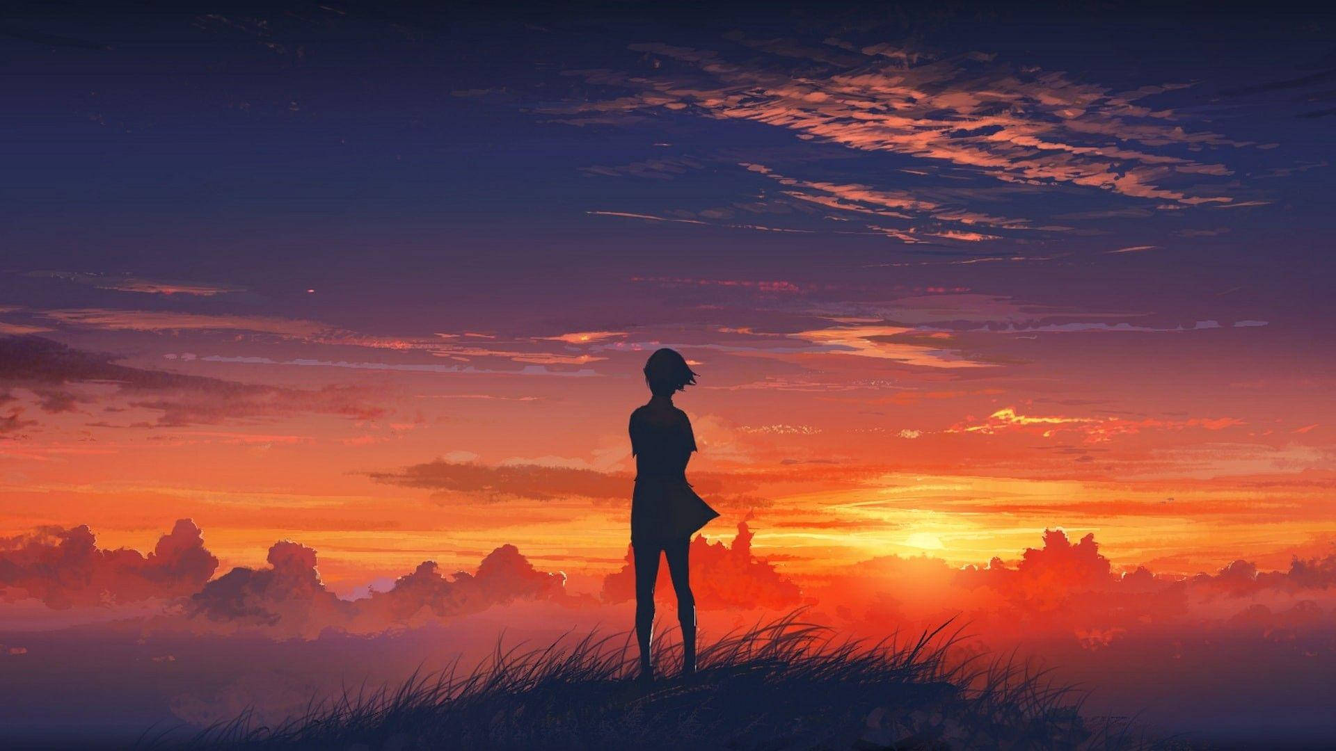 Download Aesthetic Anime Desktop Girl Watching Sunset Wallpaper