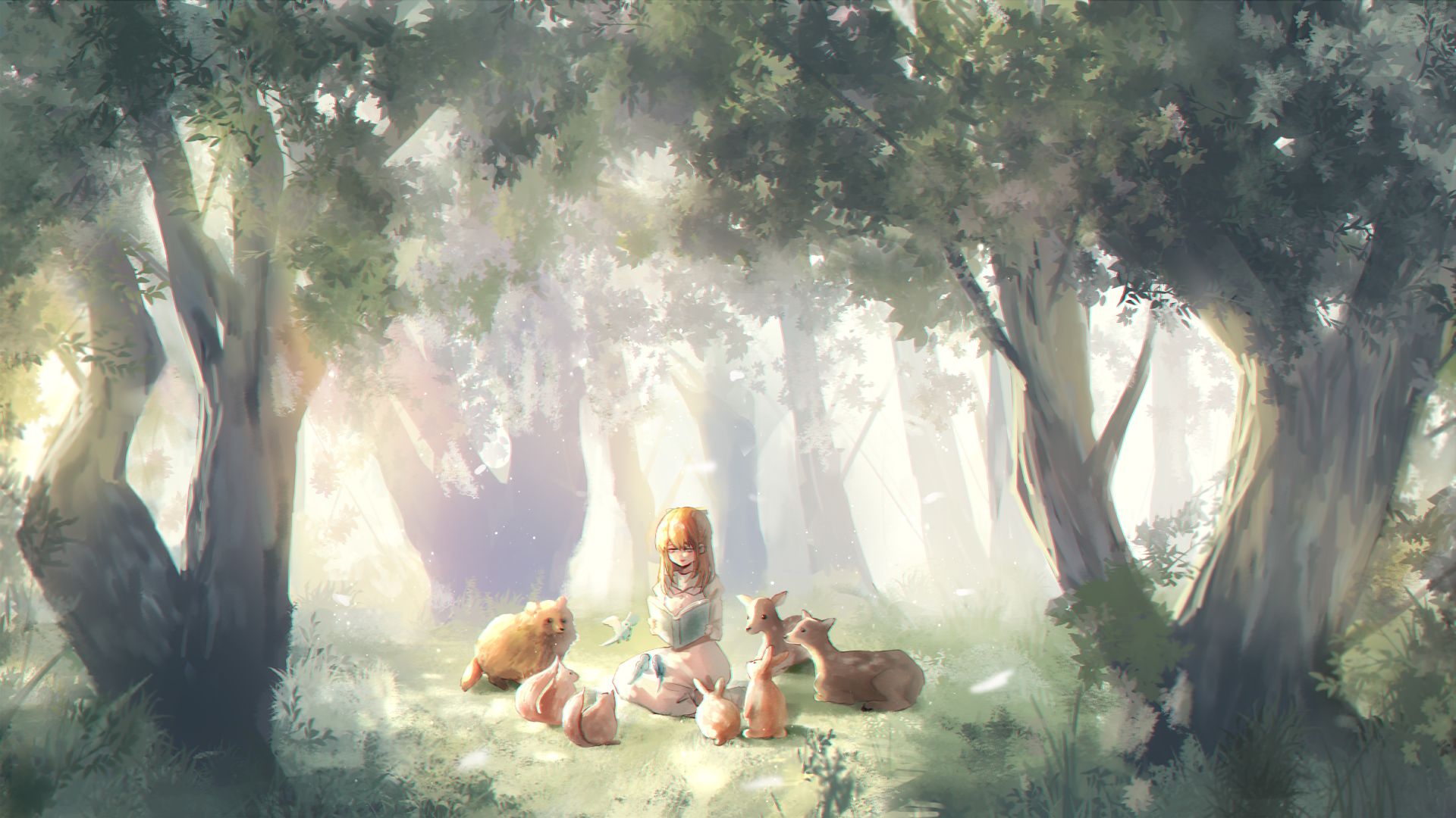 HD desktop wallpaper: Anime, Forest, Tree, Book, Blonde, Original download free picture