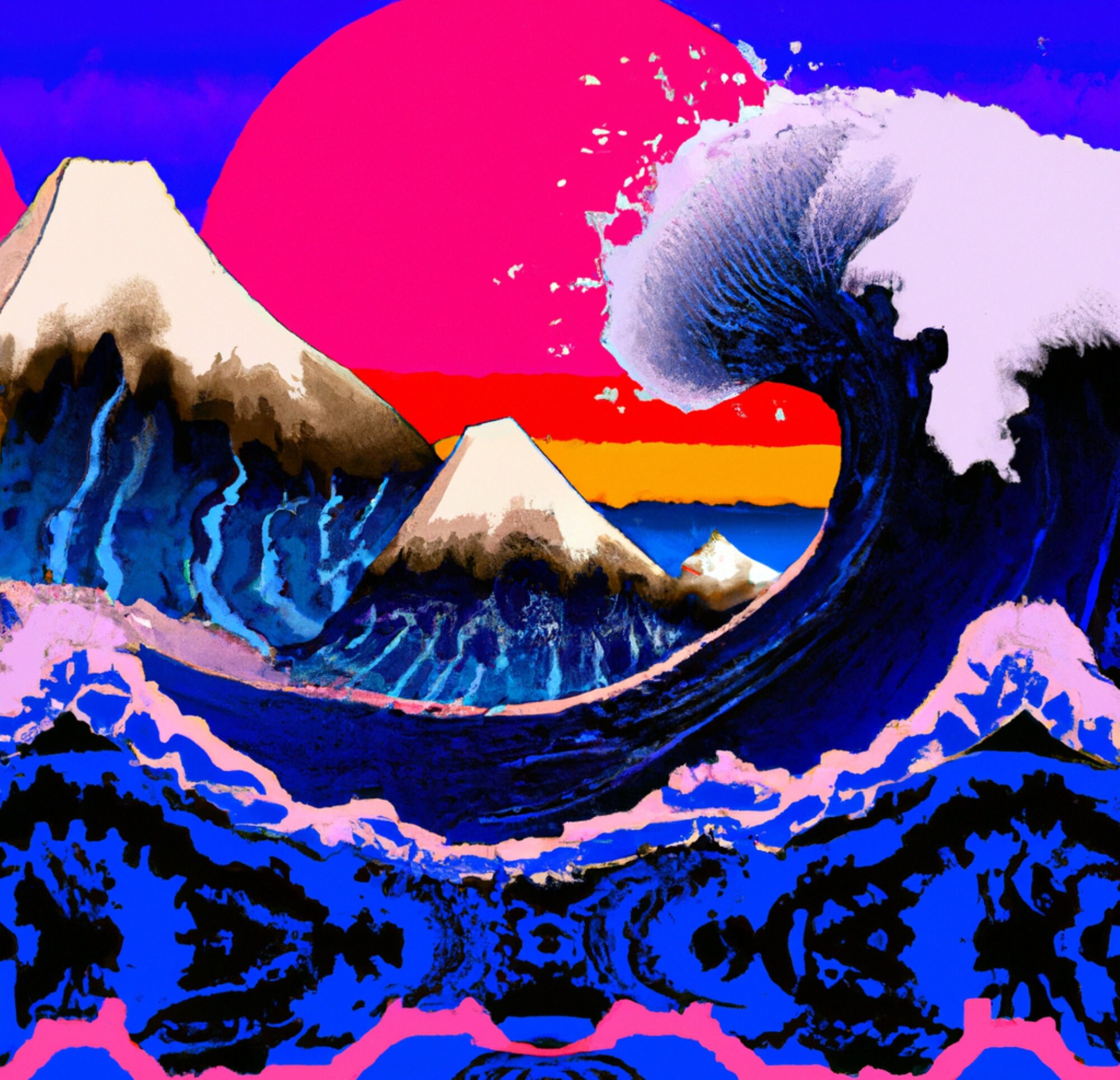 Surreal Tsunami: A Psychedelic Synthwave Take on Hokusai's the Great Wave off Kanagawa