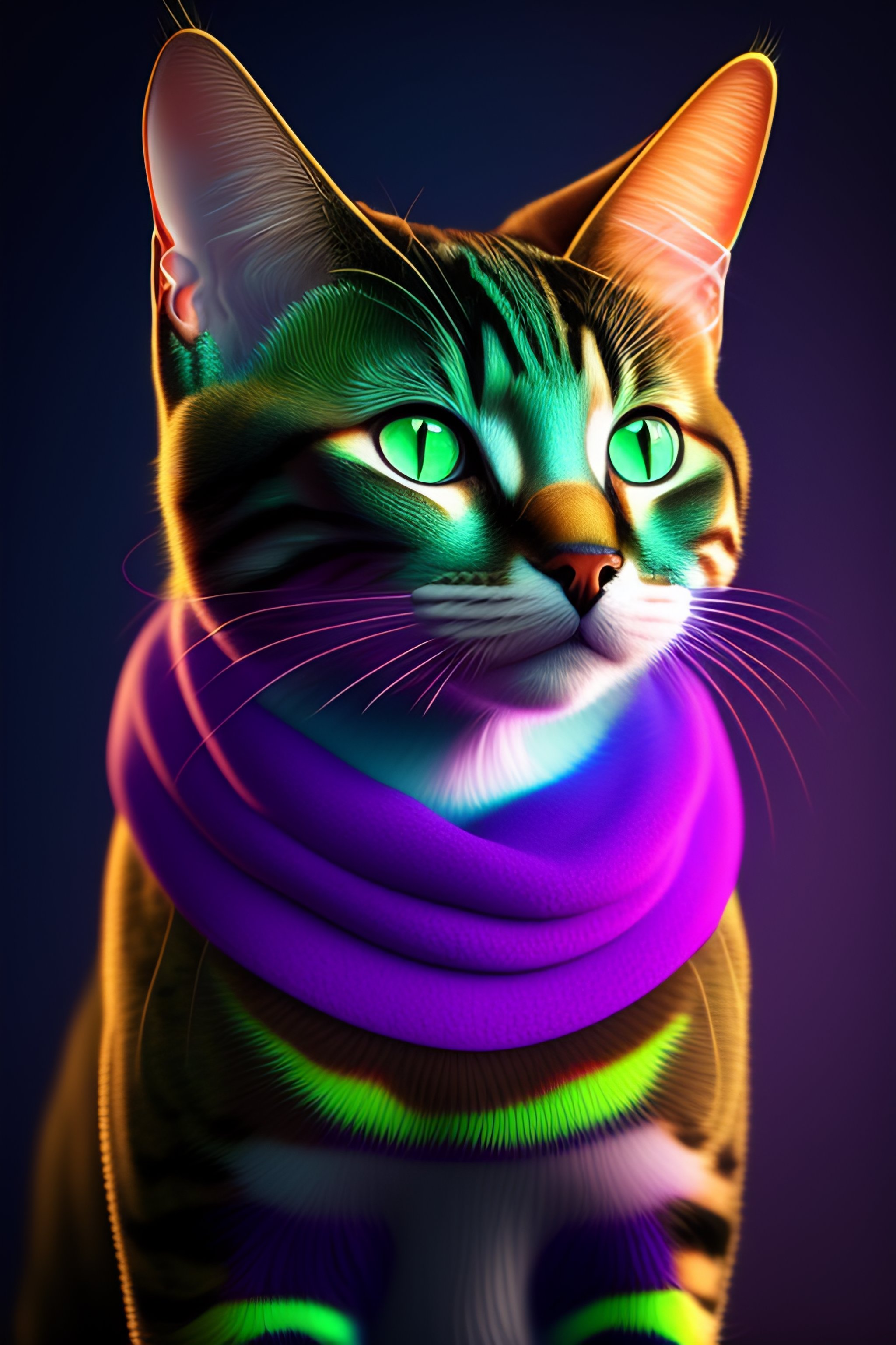 8k pixar style realistic 3D portrait cat with purple and green eyes, dark style, black background
