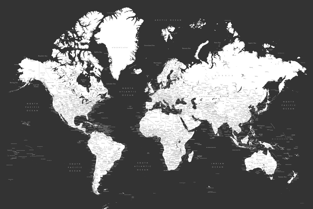 Black and white detailed world map with cities, Milo Wall Mural. Buy online at Abposters.com
