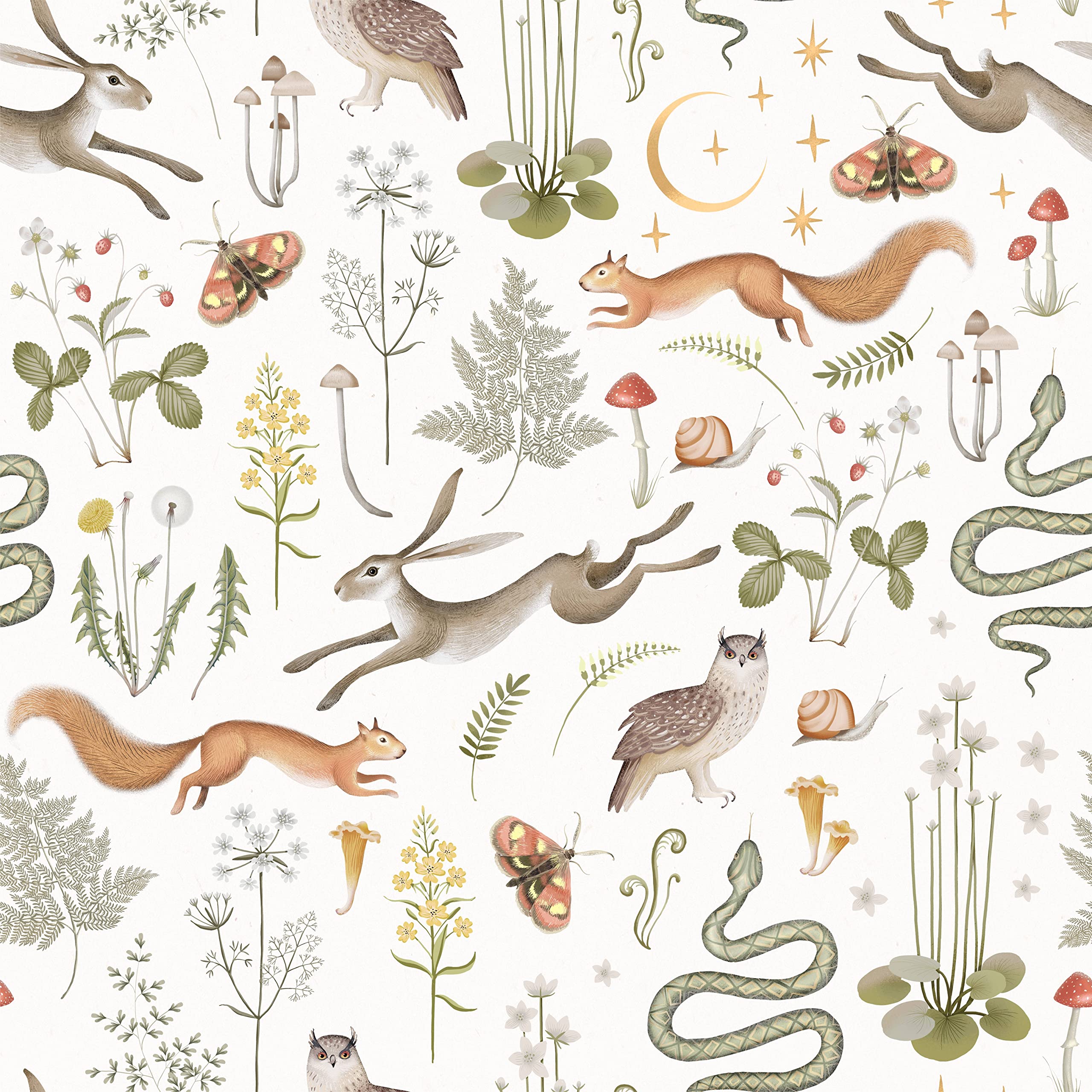 Colorful Animals Peel and Stick Wallpaper Squirrel, owl, snake, rabbit Removable Waterproof Wallpaper Decorative Contact Paper Vinyl Boho Mushrooms and Plants Self Adhesive Wall Paper 17.71in x 236.21in