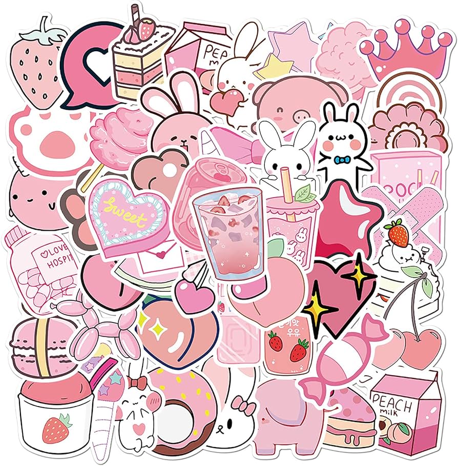 PrettDliJUN Decorative Wall Art, 50PcsBag Beverage Stickers Water Proof Cute Pink Blue PVC Vinyl Sticker, 1, Toys & Games