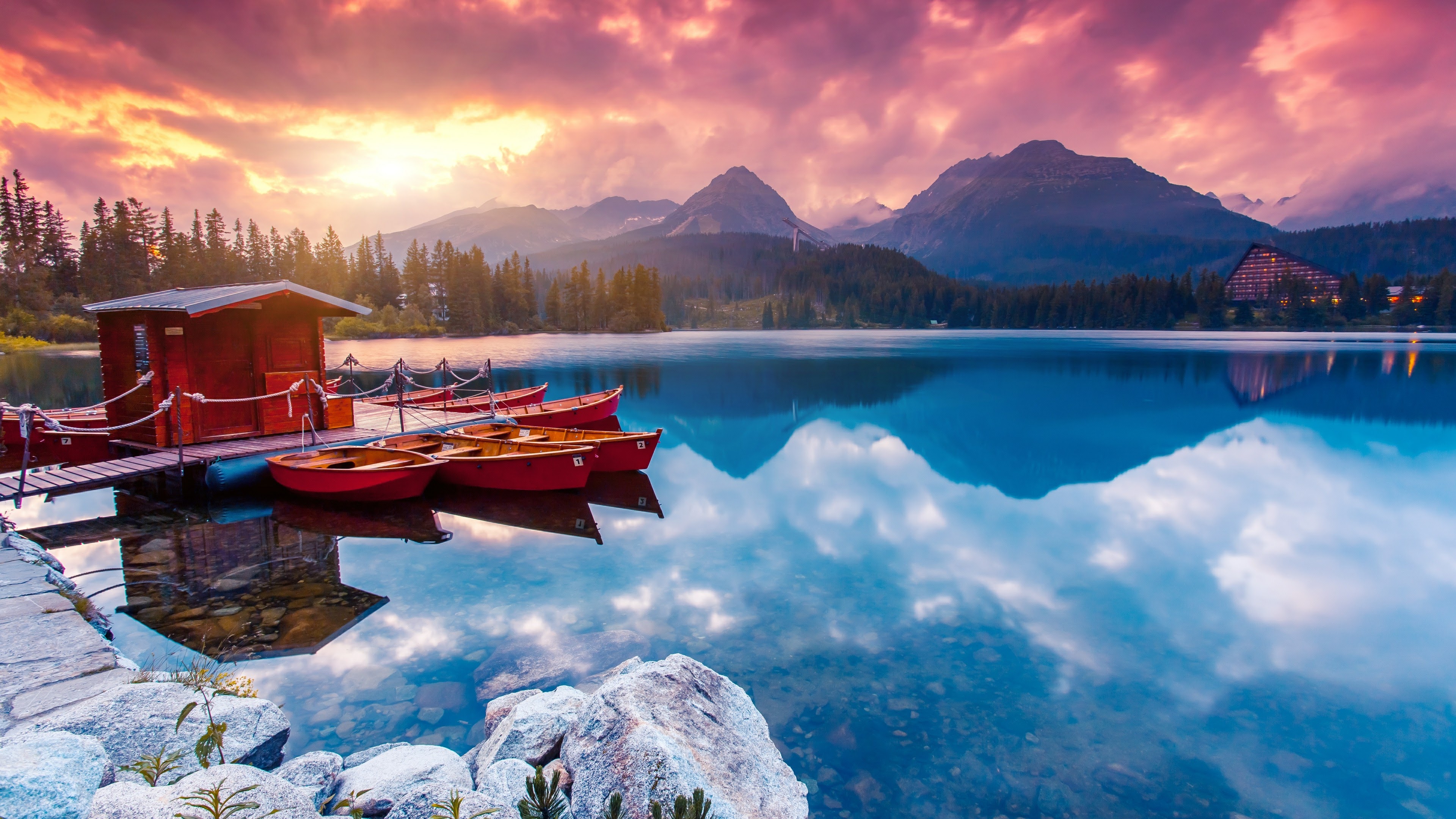 Sunrise Nature Lake Mountain Scenery 4K Wallpaper