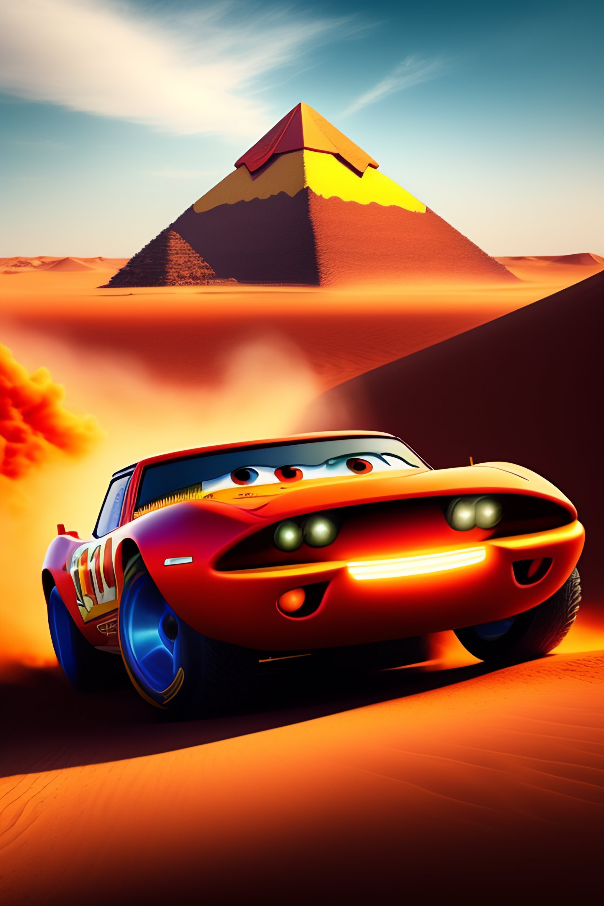 Create a scene featuring Lightning McQueen from the movie cars at the pyramids