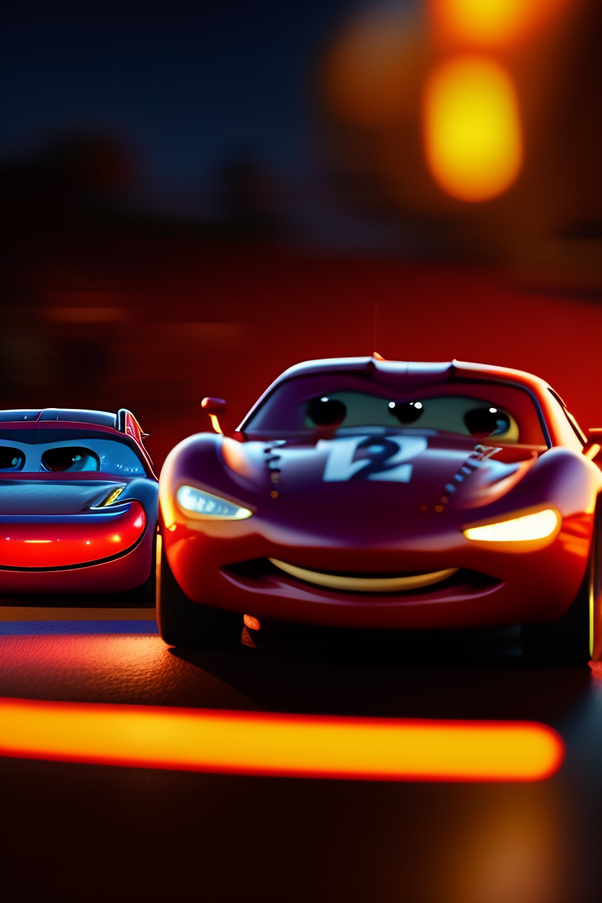 Vinn diesel and lightning mcqueen from cars 2 hugging, low photography, scene from the movie cars