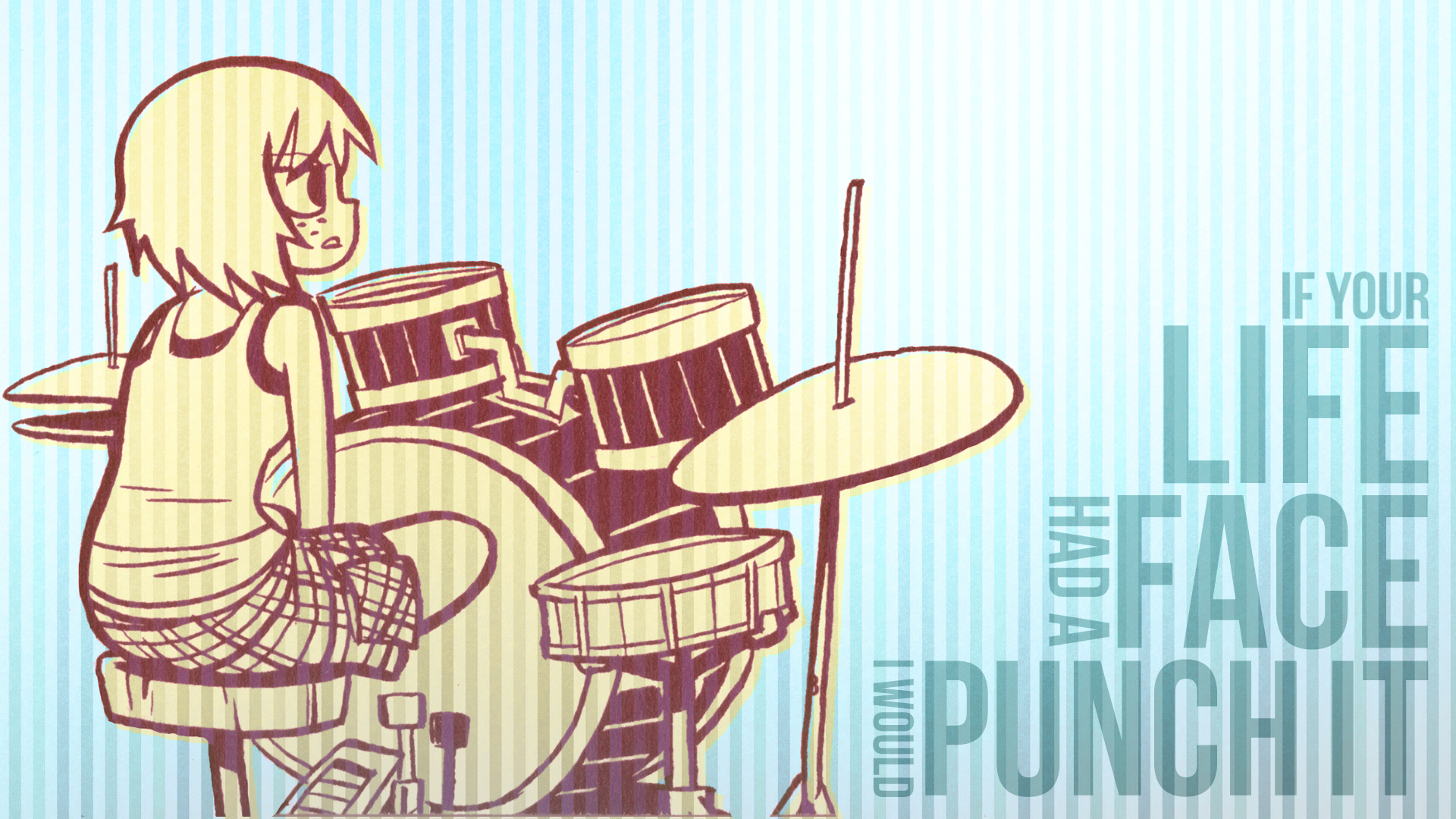 Typography Scott Pilgrim Kim Pine drum set faces stripes wallpaperx1080