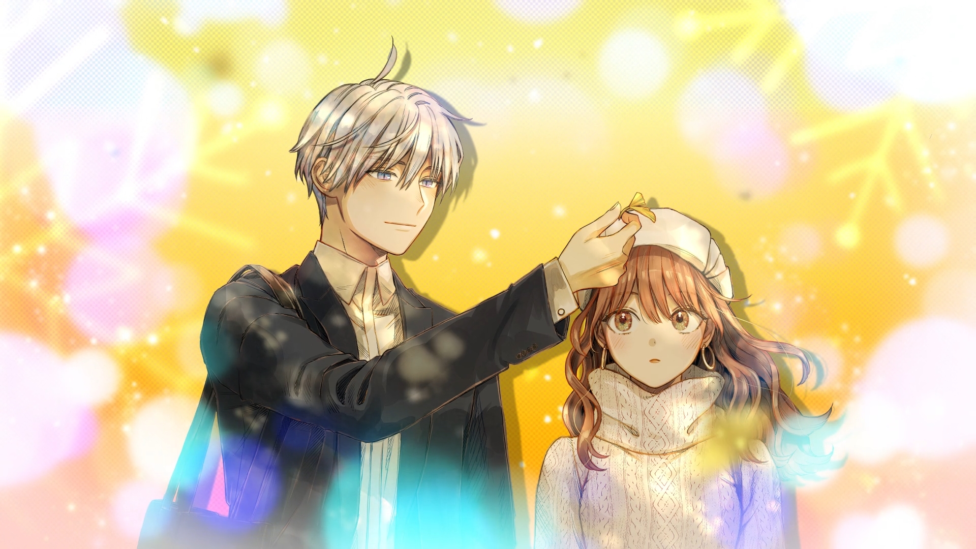 anime, Fuyutsuki, Himuro, The Ice Guy and His Cool Female Colleague, anime boys, anime girls, snowflakes, earring, hoop earrings, sweater, hat, simple background, minimalismx1080 Wallpaper