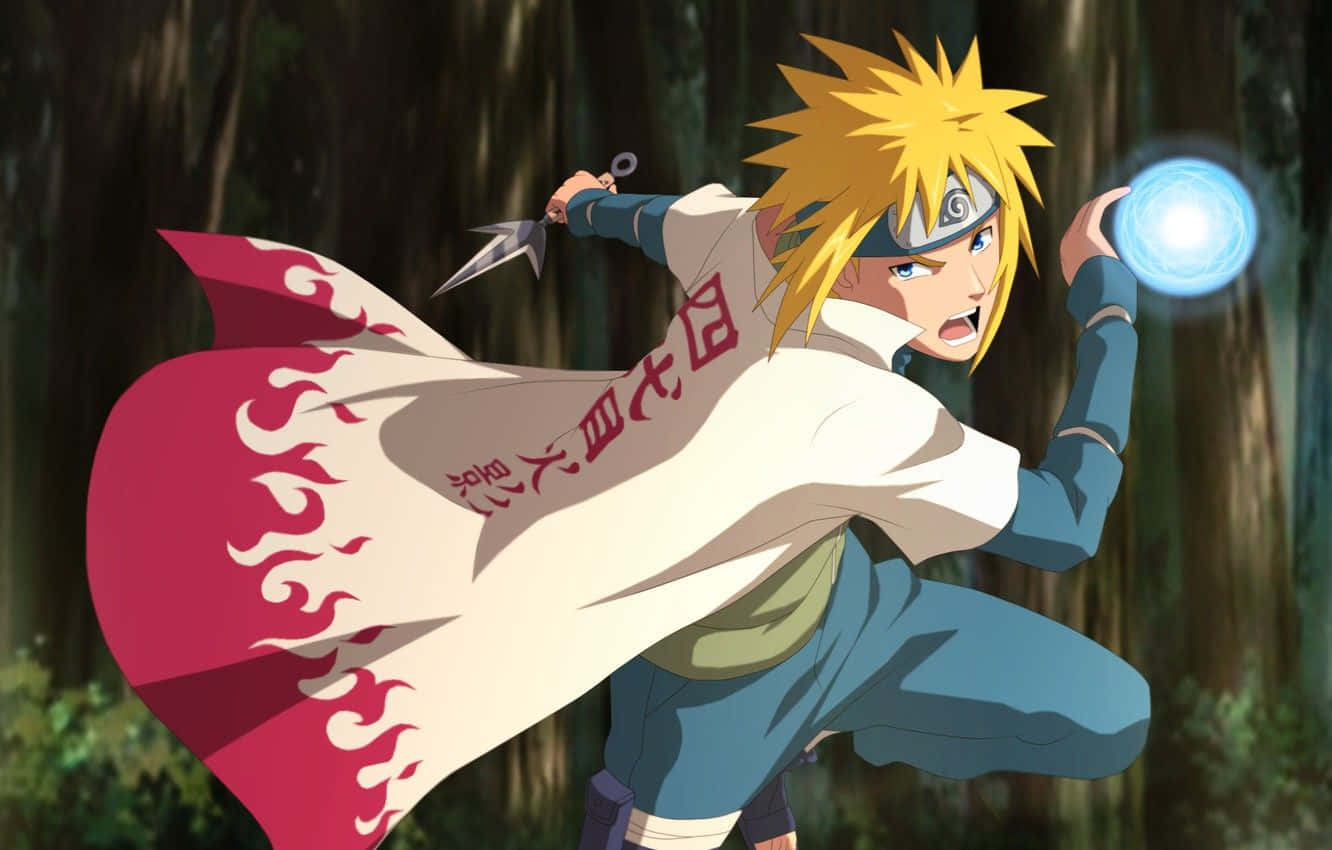 Download The Legendary Fourth Hokage, Minato Namikaze, standing tall and confident with his Kunai in hand Wallpaper