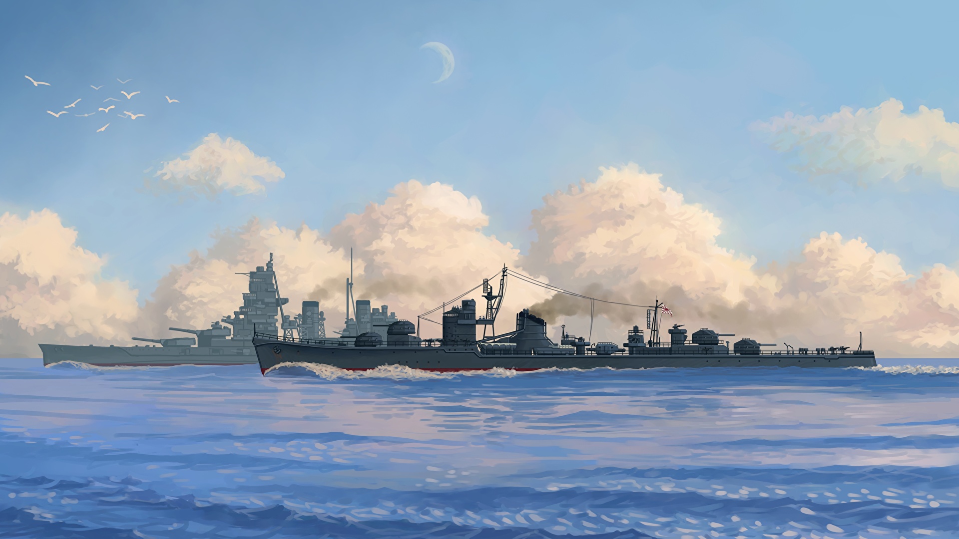 Picture IJN destroyer Fuyutsuki Sea Ships Painting Art 1920x1080