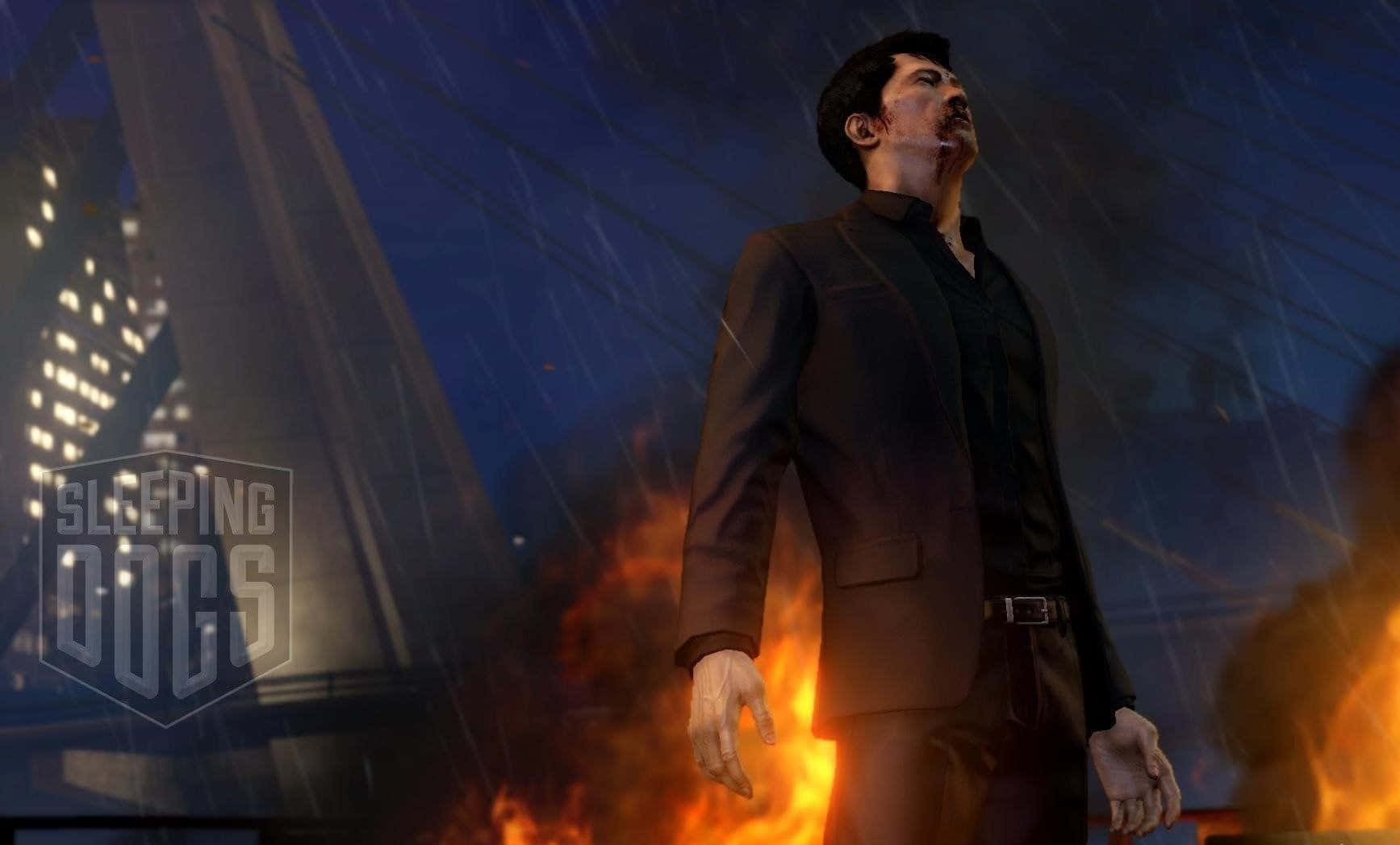 Download A Man Standing In Front Of A Fire In A Video Game